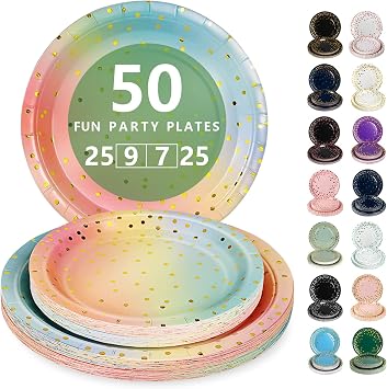 Nkaiso Pack of 50 Rainbow and Gold Disposable Paper Plates