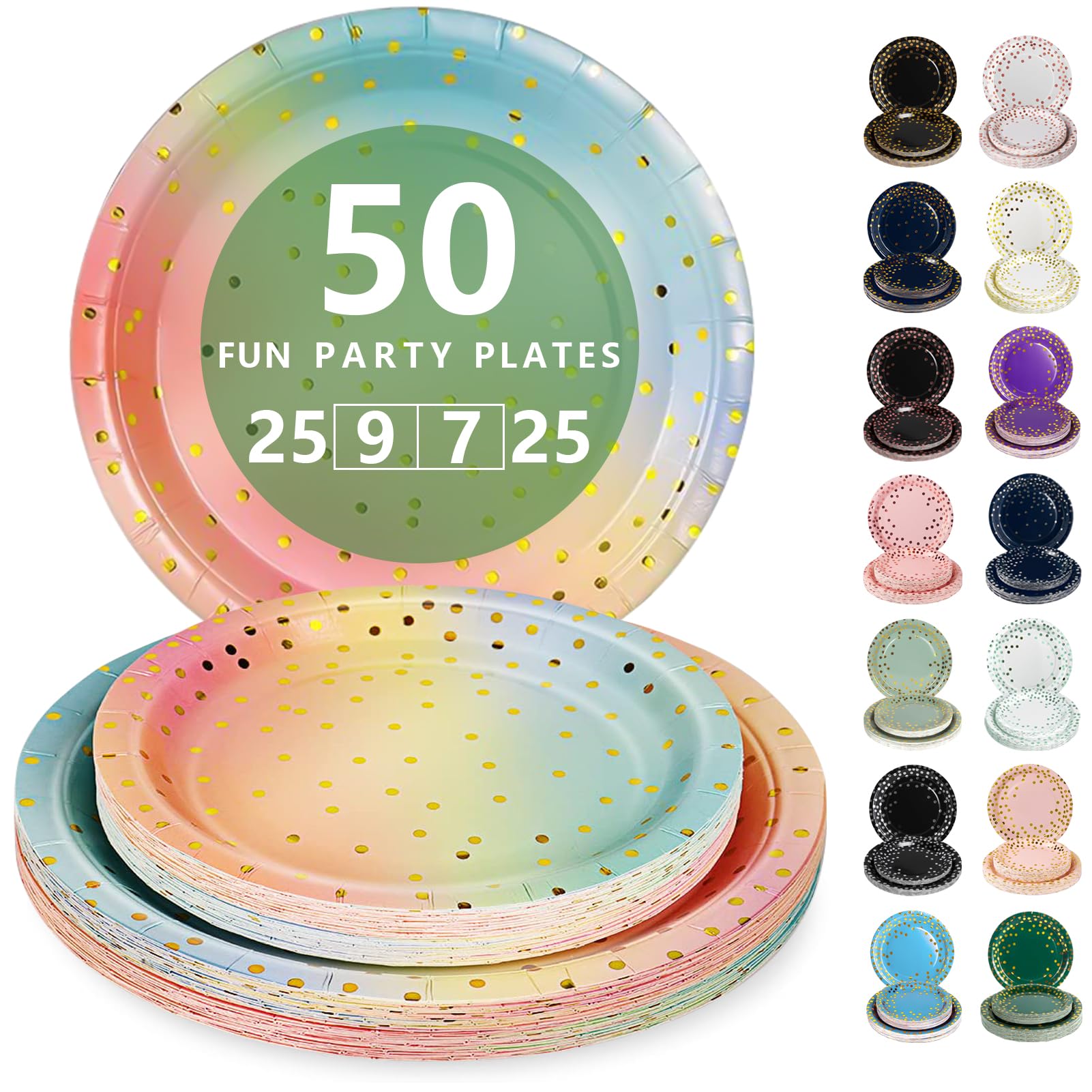Nkaiso Disposable Paper Plates 50 Pack, Rainbow and Gold Plates Party Dinner Set - 25x9inch & 25x7inch Plate Elegant Disposable Tableware for Birthday, Wedding, Christmas Party Supplies — image 1