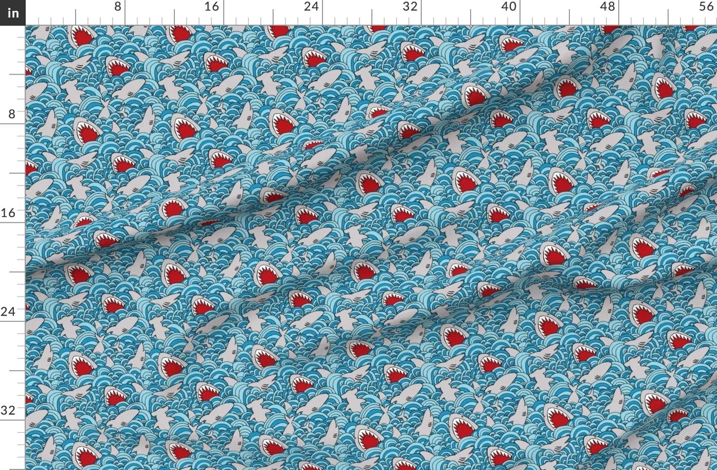 Spoonflower Fabric - Shark Sharks Japan Waves Fish Wave Nursery Decor Beach Printed on Organic Cotton Sateen Fabric by The Yard - Sewing Quilting Apparel Home Decor