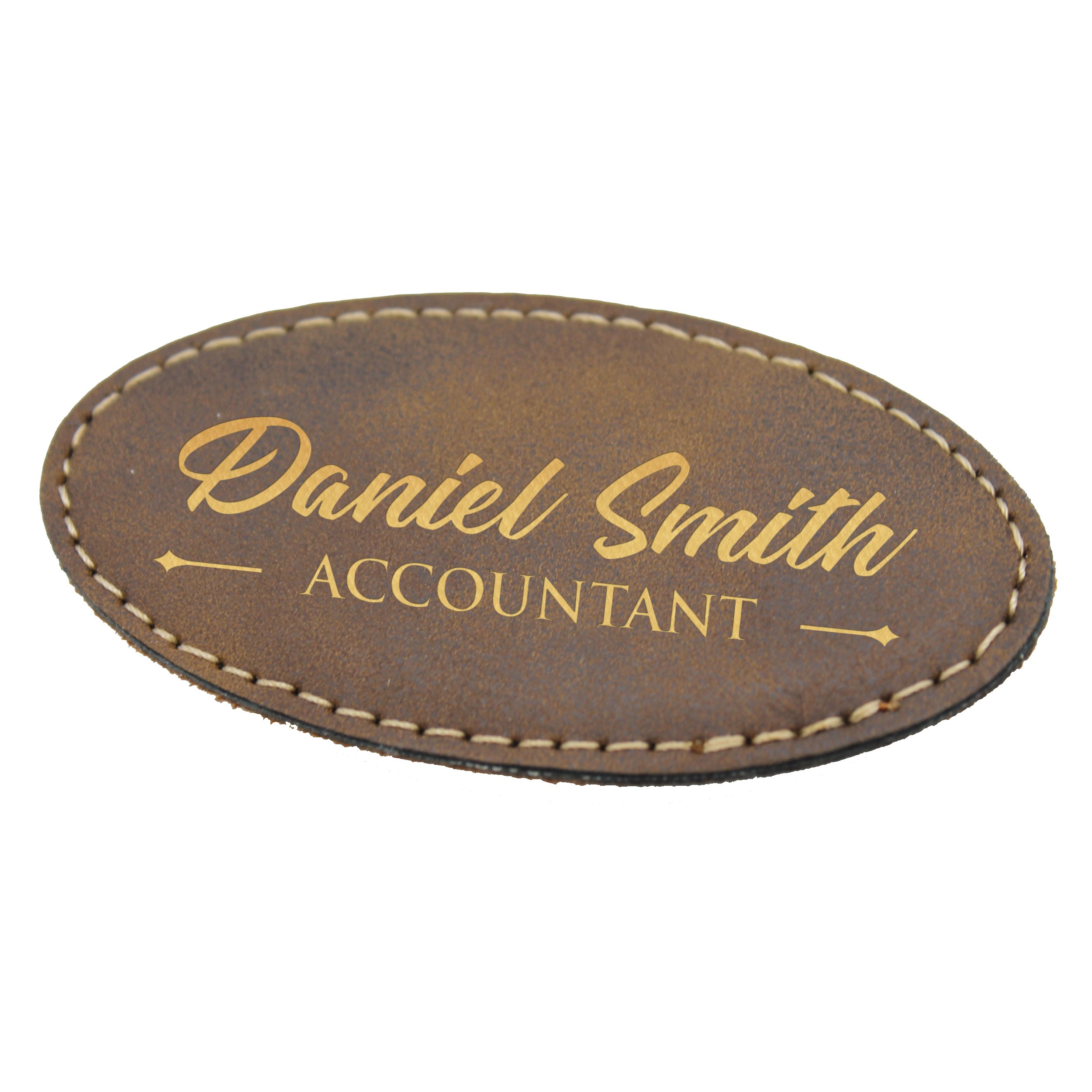 My Personal Memories Personalized Name Tag - Custom Engraved Employee Badges - Monogrammed Professional Name Tags (Rawhide with Gold)