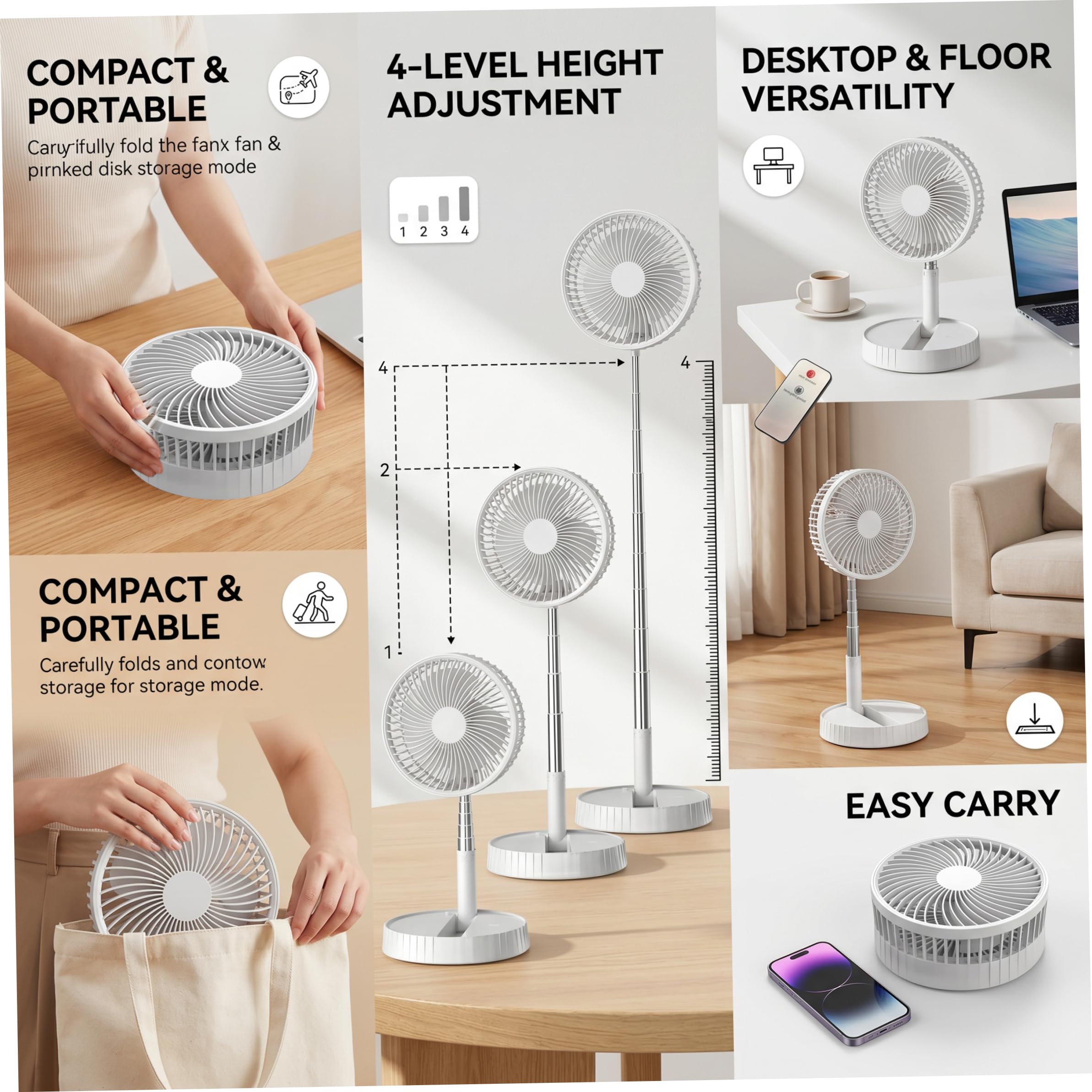 Ventilatore Pieghevole, Ventilatore da Tavolo Ricaricabile telescopico Senza Fili con 4 velocità e Flusso d'Aria a 360°, Batteria da 7200 mAh, Bianco