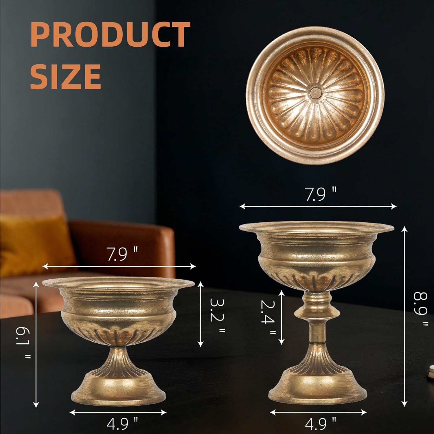 WORTH Gold Color Urn Vases for Centerpieces Set of 2 (Large: 8.8" H x 7.8" Dia. & Small: 6.1" H x 7.8" Dia.) - Classic Metal Trumpet Flower Pots for Table, Bowl Vase for Wedding Party Event Home Decor