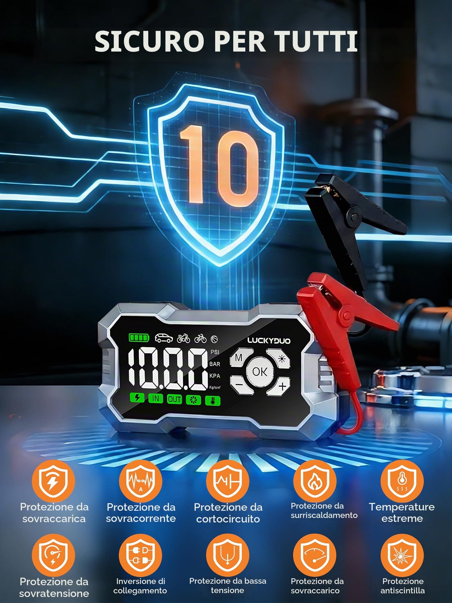 LUCKYDUO Avviatore 8000A con Compressore 160PSI, 20000mAh | Avviatore 2-in-1 con compressore 160PSI, 8000A, 4 modalità, display LCD, 20000mAh, torcia LED 4 modalità, kit completo