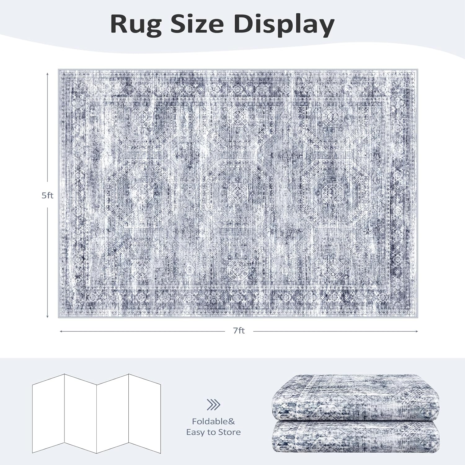 5' x 7' Area Rug, Washable Non-Slip Vintage Low-Pile Faux Wool Carpet, Soft Pet Friendly Farmhouse Rug for Living Room Bedroom Dining Room, Grey Blue