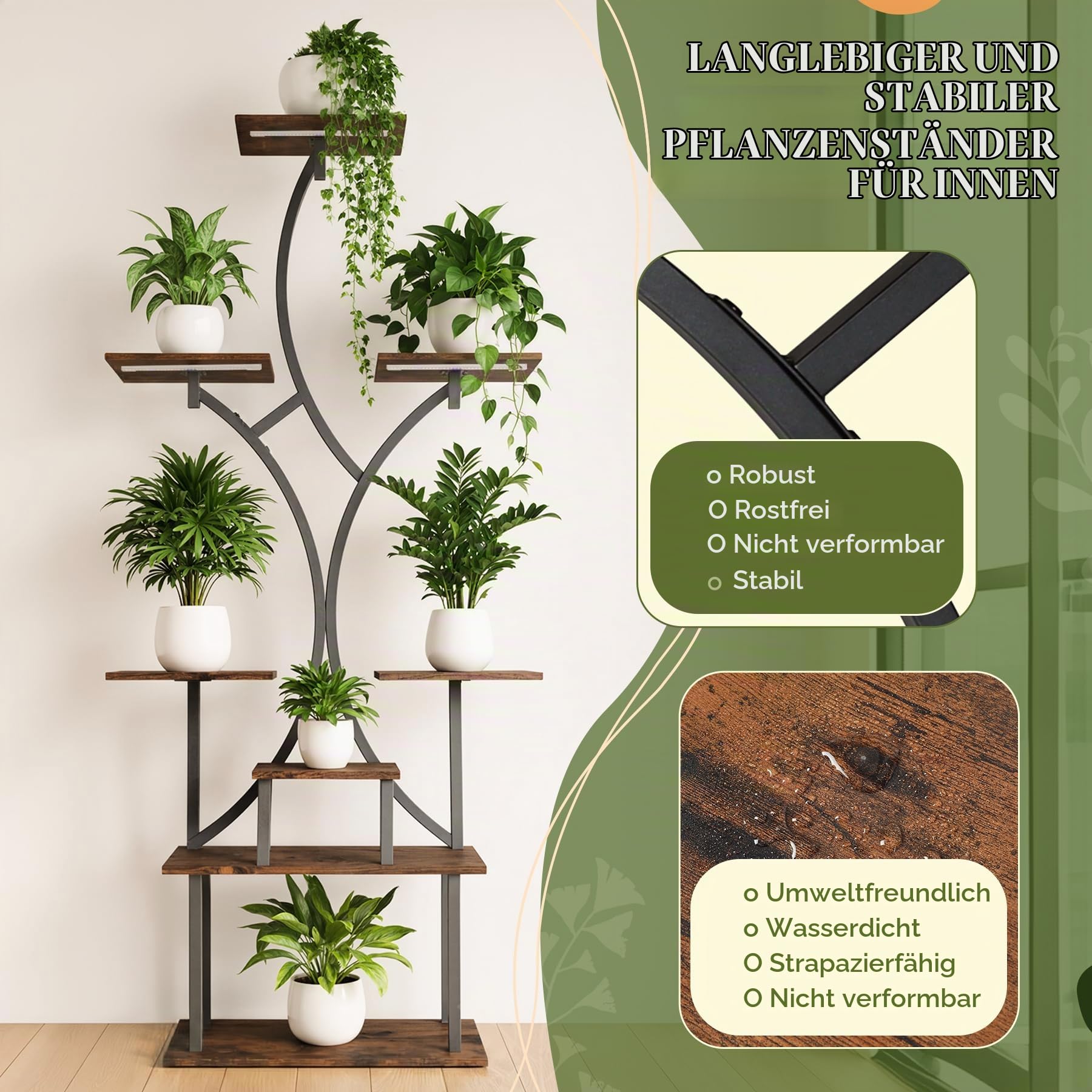 Pflanzenständer mit Wachstumslicht, 162cm Hoher, 8 Ebenen Innen Blumenständer, Holz & Metall Pflanzenregal für Wohnzimmer, Terrasse, Garten, Balkon, Heimdekoration