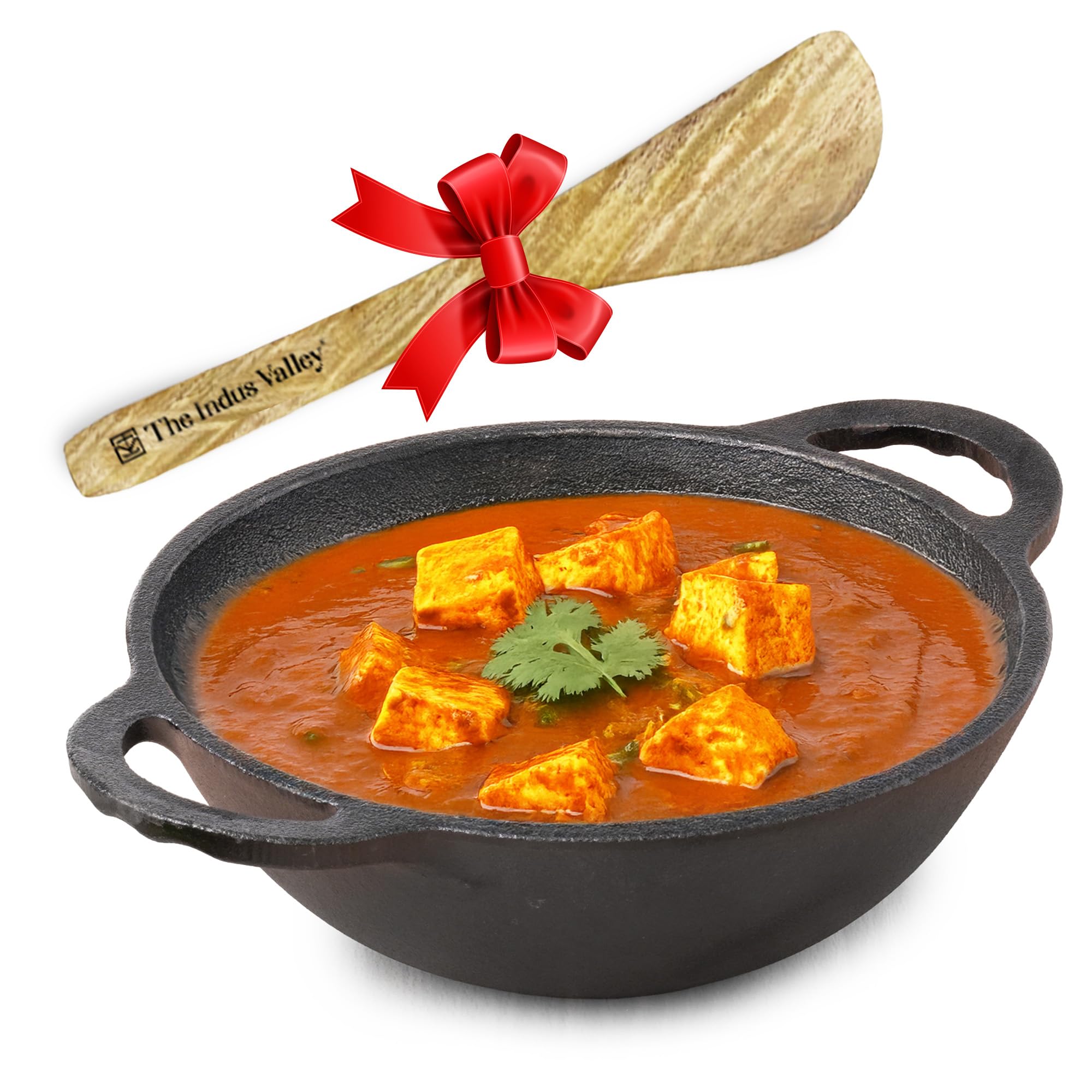 The Indus Valley Pre-Seasoned Cast Iron Kadai With Free Wooden Flip | Medium, 25.2Cm/10Inch | Gas Compatible | Naturally Nonstick, 100% Pure & Toxin-Free, 1 Count, Black