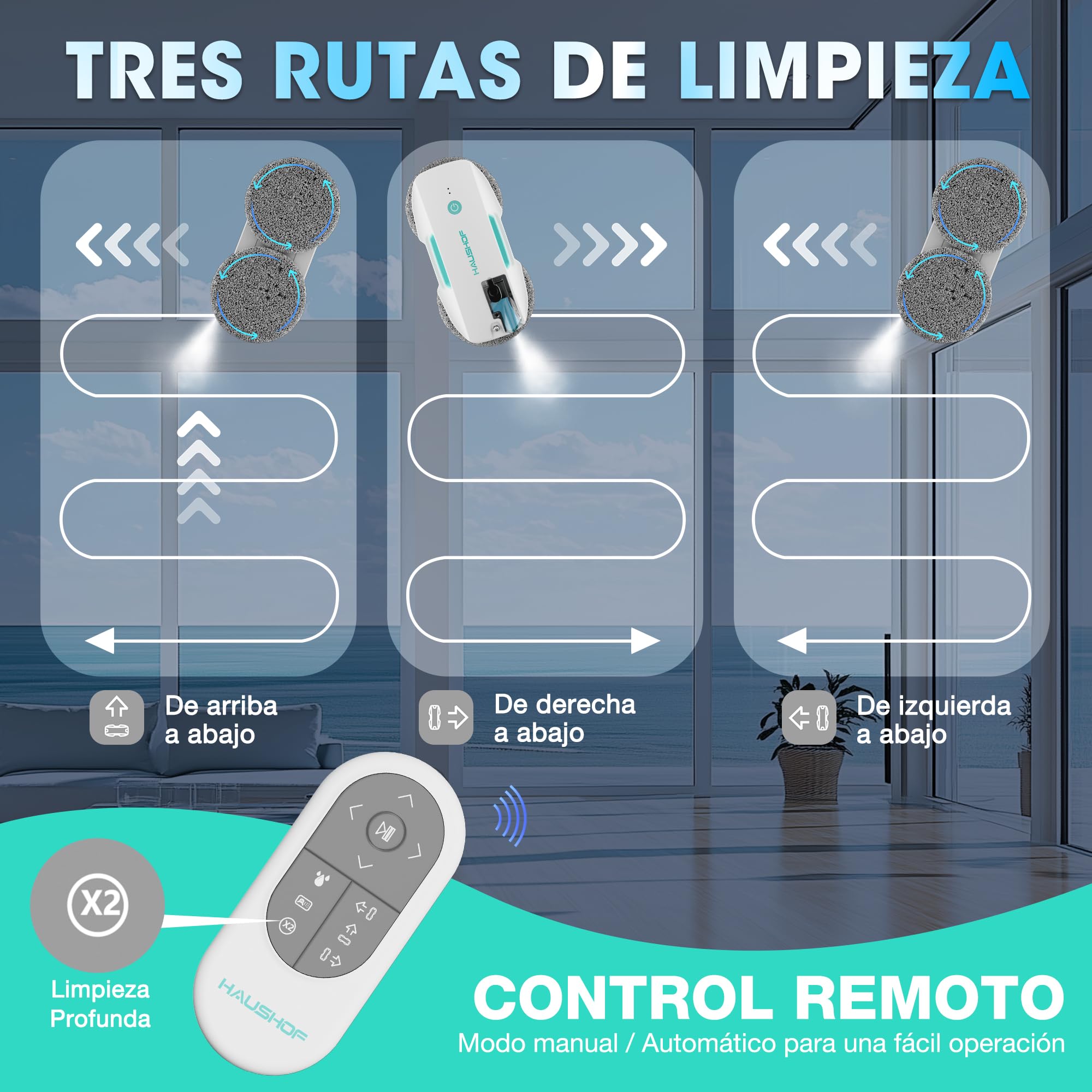 HAUSHOF Robot Limpiacristales, Limpia Cristales Electrico Ventanas, Robot Limpia Ventanas con Succión de 3800Pa, Limpiador Eléctrico de Ventanas con Control Remoto, Detección de Bordes