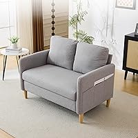 VINGLI 47" Light Grey Linen Loveseat Sofa, Mid-Century Modern Mini Couch with Side Storage for Small Spaces, Apartments & Bedrooms