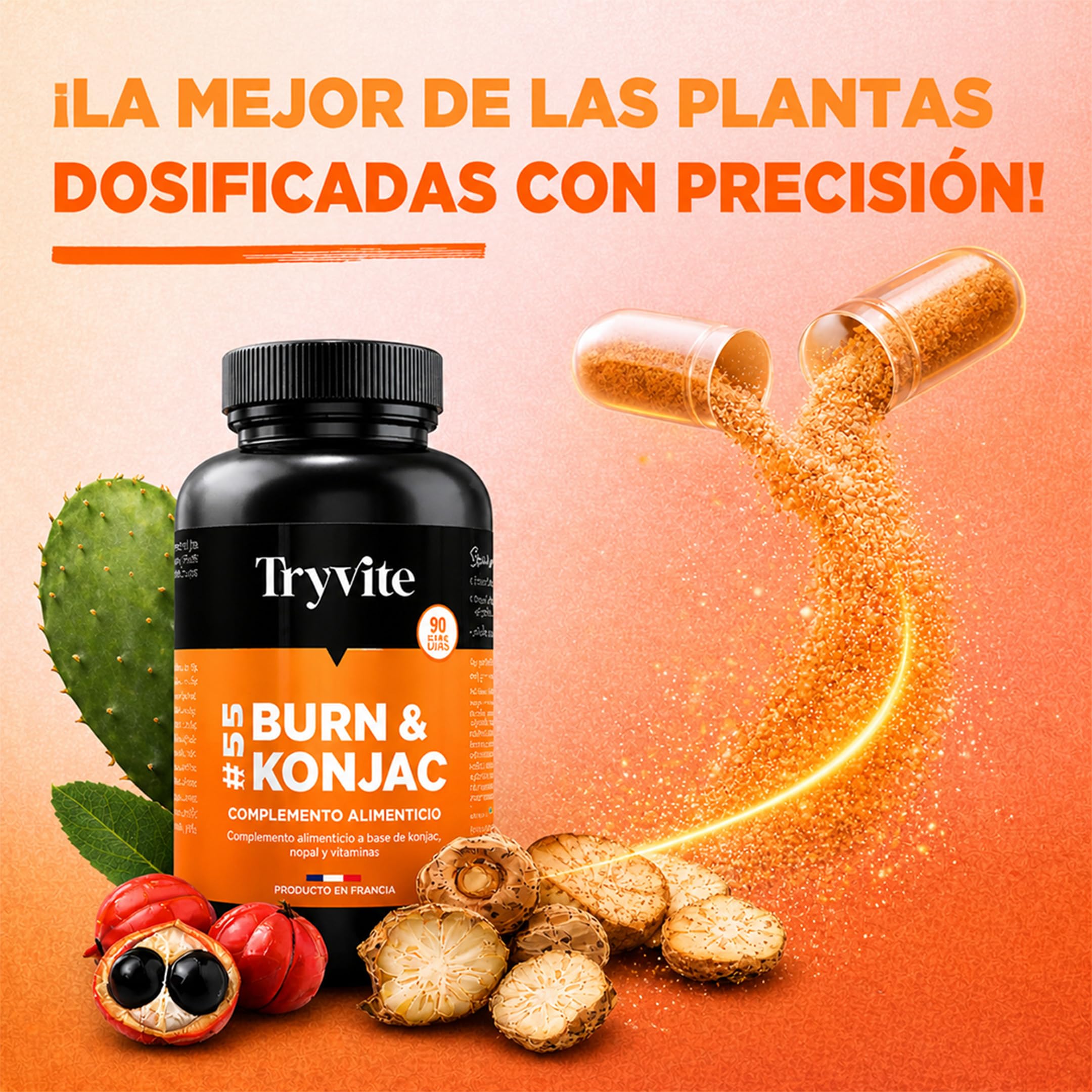 TRYVITE Konjac Active – Fórmula Silueta con Konjac, Nopal, Mate, Guaraná y Cromo – Gestión de Porciones y Antojos – 90 Cápsulas Vegetales - FABRICADO EN FRANCIA