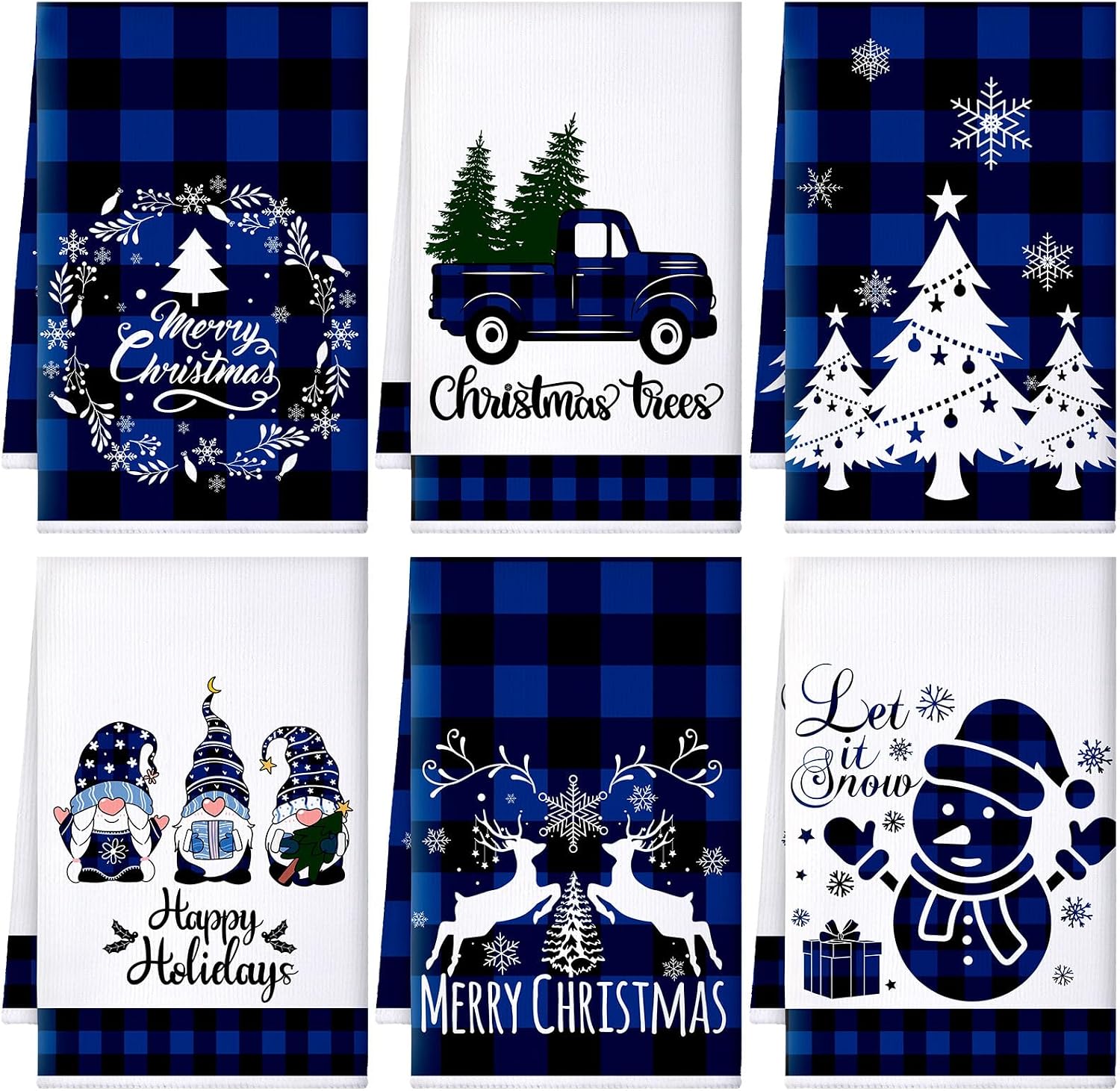 Sratte 6 Pcs Christmas Kitchen Towels Blue Black Buffalo Plaid Dish Towel