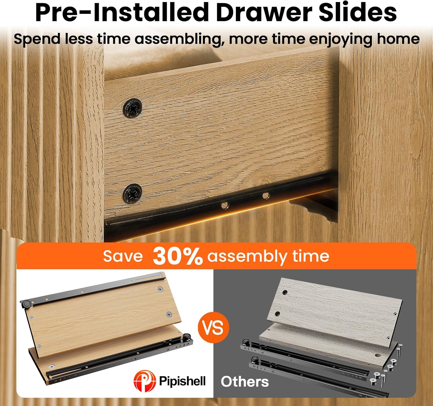 Pipishell Dresser for Bedroom, Fluted 5 Drawers Dresser, 40" Tall Modern Chest of Drawer with Round Edge & Pre-Installed Drawer Slides, Natural Wood Drawer Organizer for Bedroom, Hallway, Natural Oak