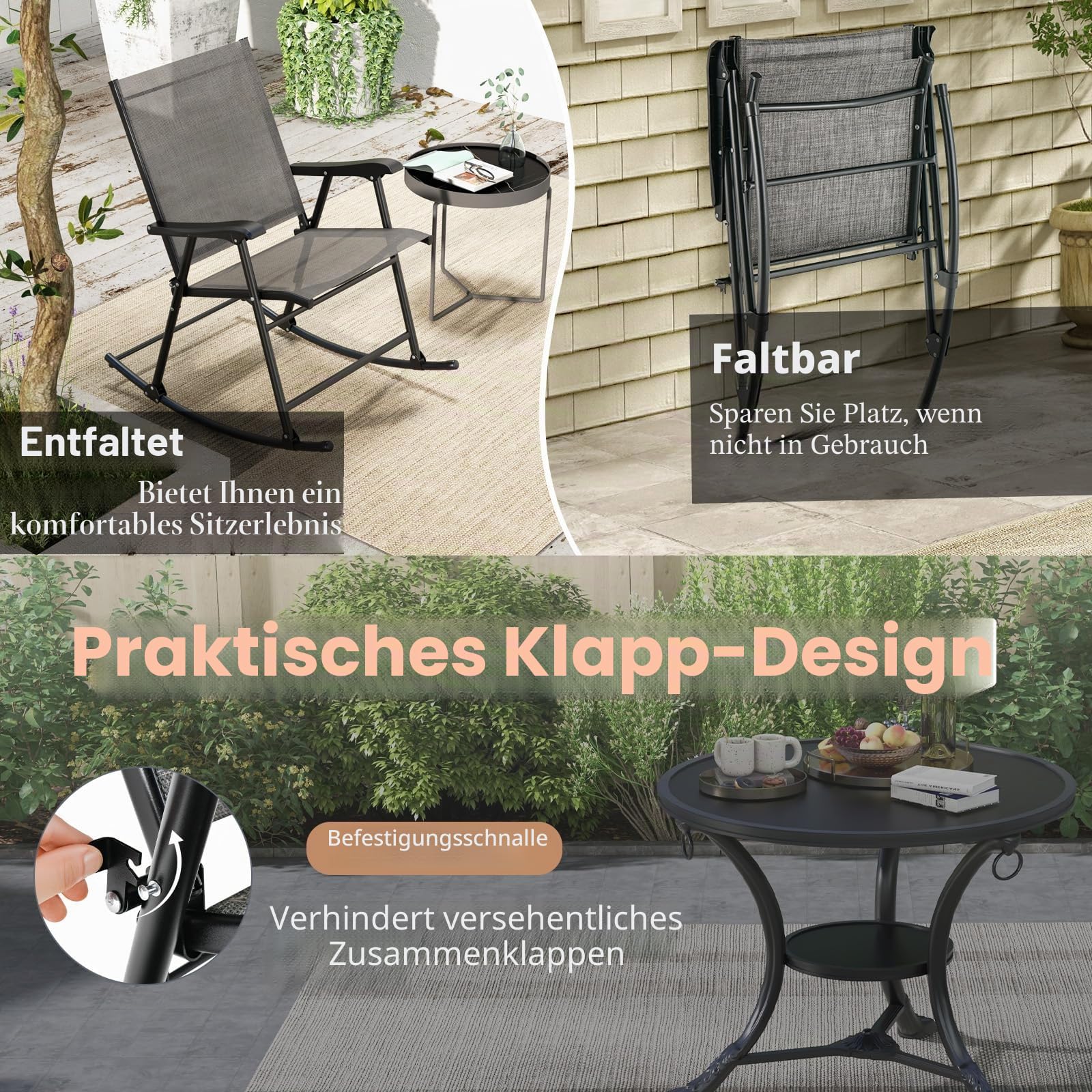 KOMFOTTEU Schaukelstühle klappbar, Gartenstühlen mit Armlehnen, Terrassenstühle Fußstütze, Balkonschaukel mit Traglast 150 kg, Klappstuhl für Terrasse, Strand