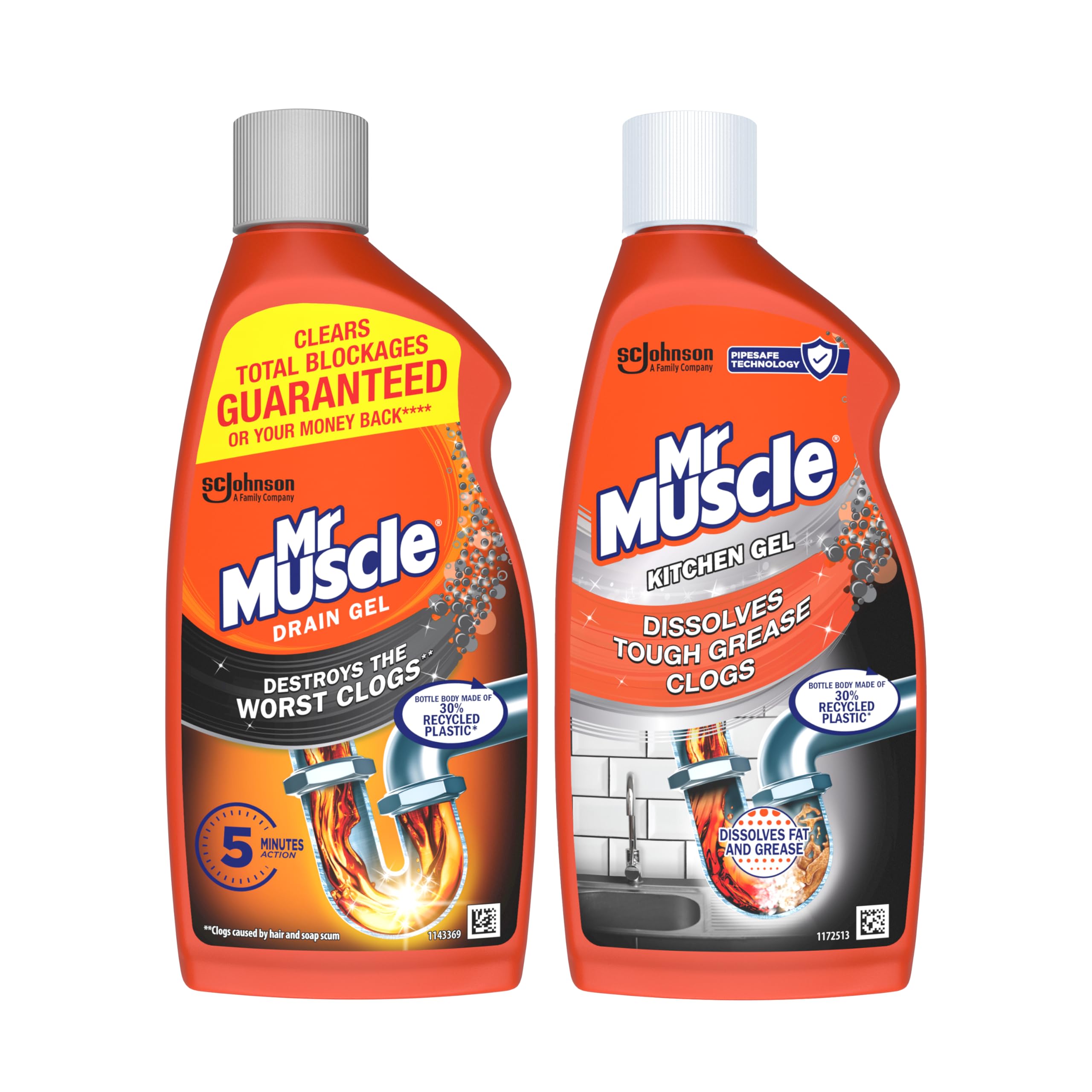 Mr Muscle Drain Power Cleaning Bundle: Kitchen & Bathroom Drain Gel (500ml), Dissolves Tough Clogs from Hair and Grease, Fast Acting