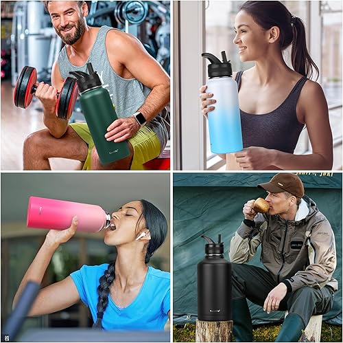 Miniatura 8 de TaroKitc Botellas de agua aisladas de 64 onzas con popote, 2 tapas, botella de agua deportiva de acero inoxidable aislada al vacío de medio galón,