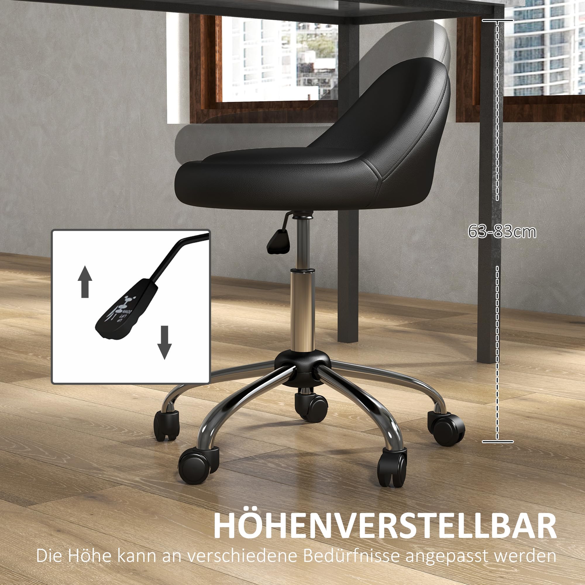 HOMCOM Rollhocker Höhenverstellbar 63-83 cm Drehbar mit Rädern Schwarz