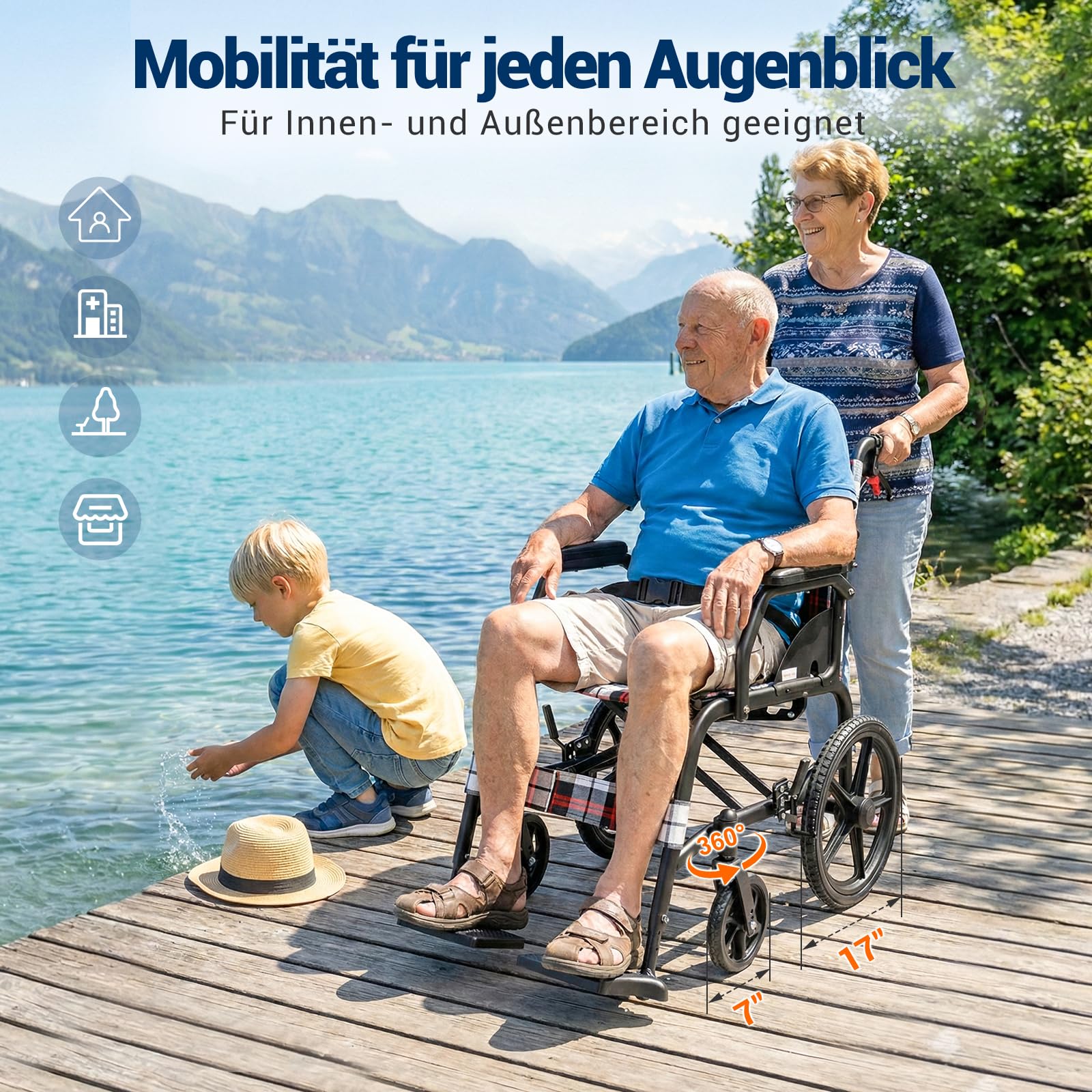 Care-Parents Transportrollstuhl Faltbar Leicht (11kg), Aluminium Rollstuhl mit 16 Zoll Hinterrädern & Pannensichere Bereifung, 45cm Sitzbreite, Doppelbremse & Sicherheitsgurt, für Senioren (CP-30A6N)