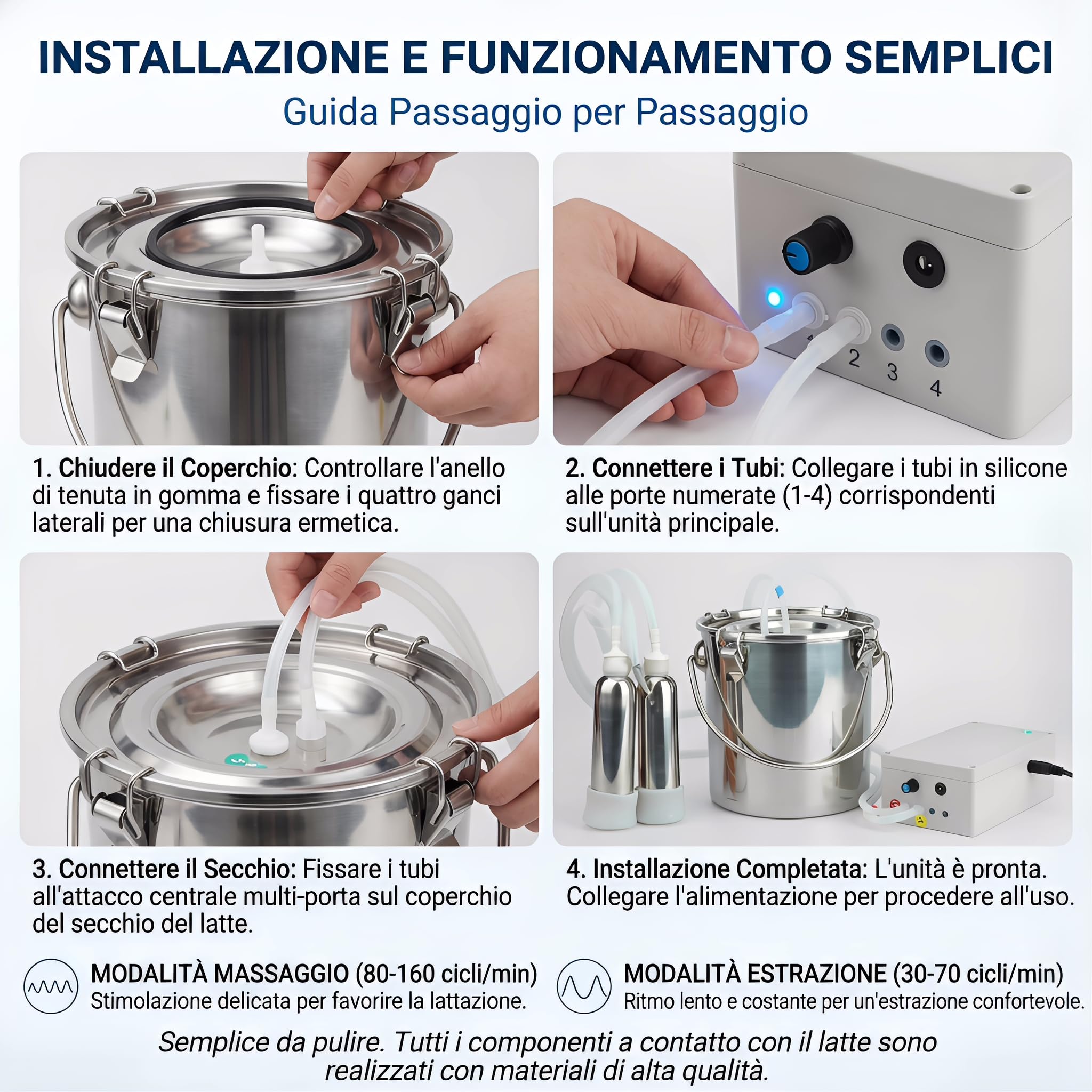 Mungitrice per mucche, 【KOUBHYJ 12L Attrezzatura per la Mungitura】[Integrato-Caricabile e collegabile-Massaggio pulsante]con Secchio in Acciaio Inox 4 Tettarella In Gomma per Mucche