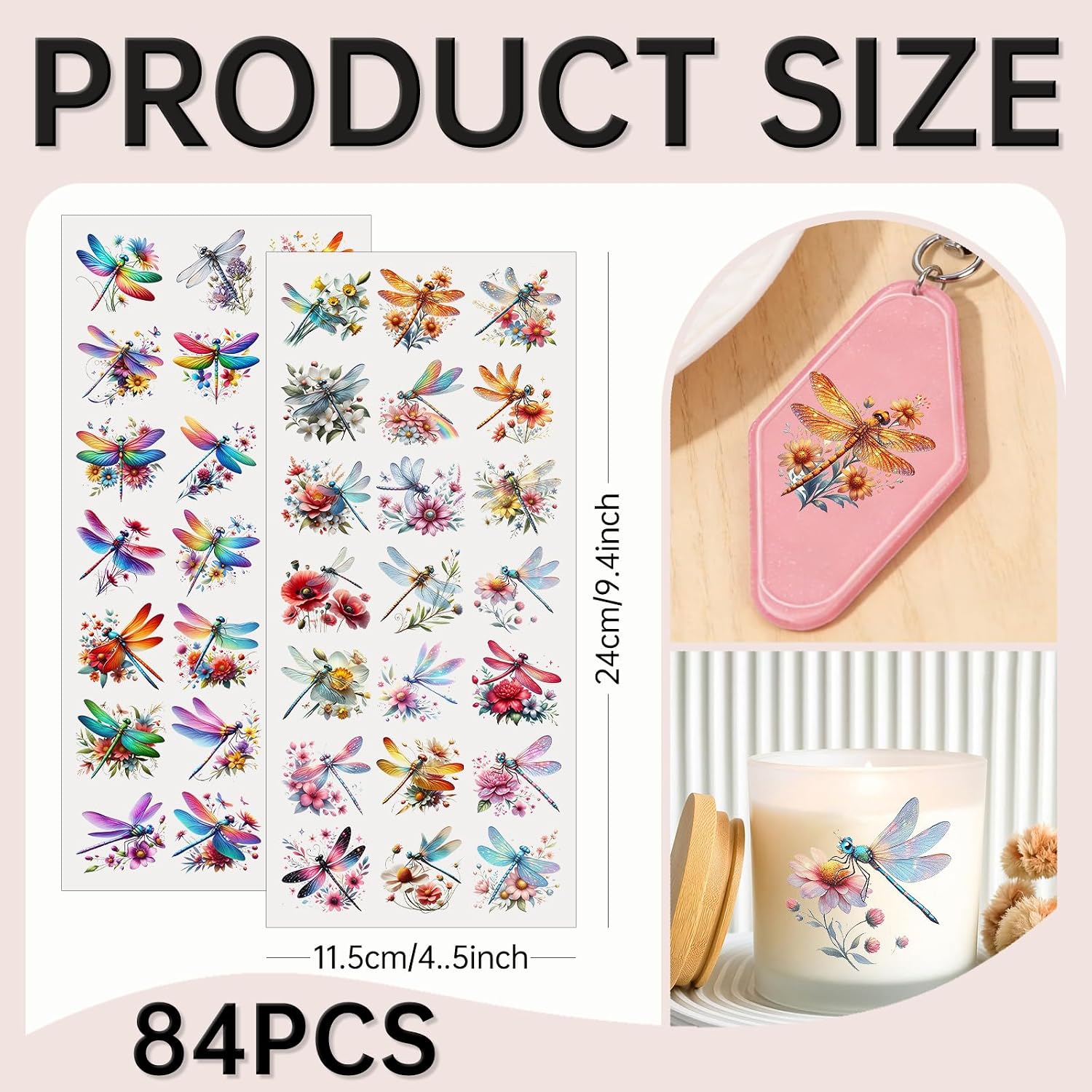 84 PCS UV DTF Stickers, Exquisite Dragonfly Mini Rub on Transfer for Keychains and Libbey Glass, Permanent DIY Decals for Candles, Notebooks and Flower Pots