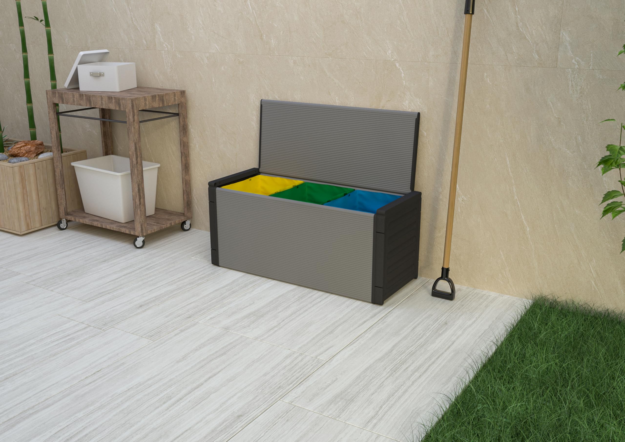 Adventa: Cassapanca per Raccolta differenziata in resina di PVC e PP, Facile da Montare, Resistente, Adatto ad ambienti Interni ed Esterni, 85L x 34P x 38H cm, Grigio