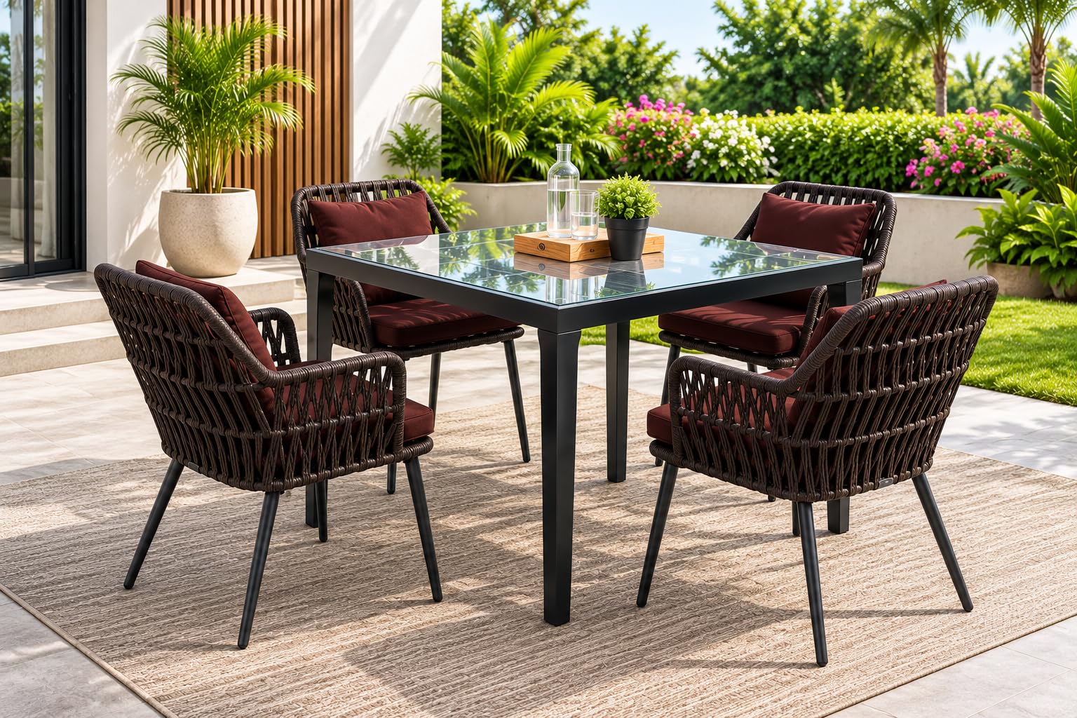 Outdoor Dining Set, 5-Piece Wicker Rope Chairs with Glass Top Table-image-38