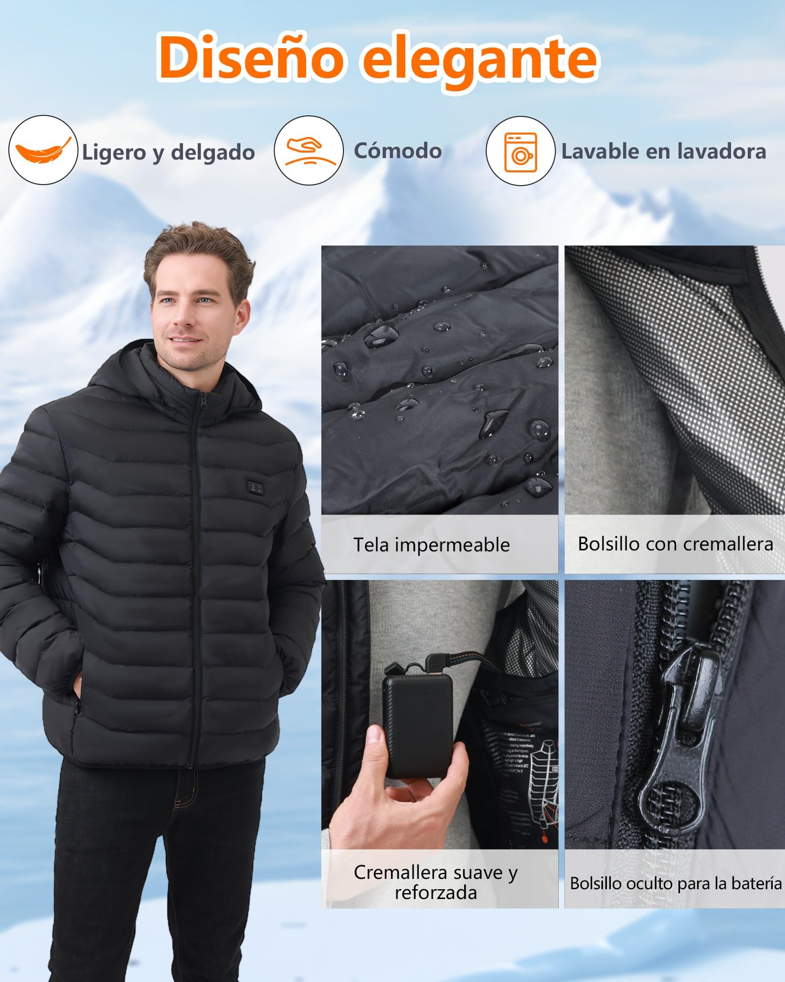 Chaqueta Calefactable Hombre con Batería 10000mAh, Chaquetas con Calefaccion con 5 Zonas, 3 Temperaturas, Control Doble, Ideal para Senderismo, Esquí y Acampar