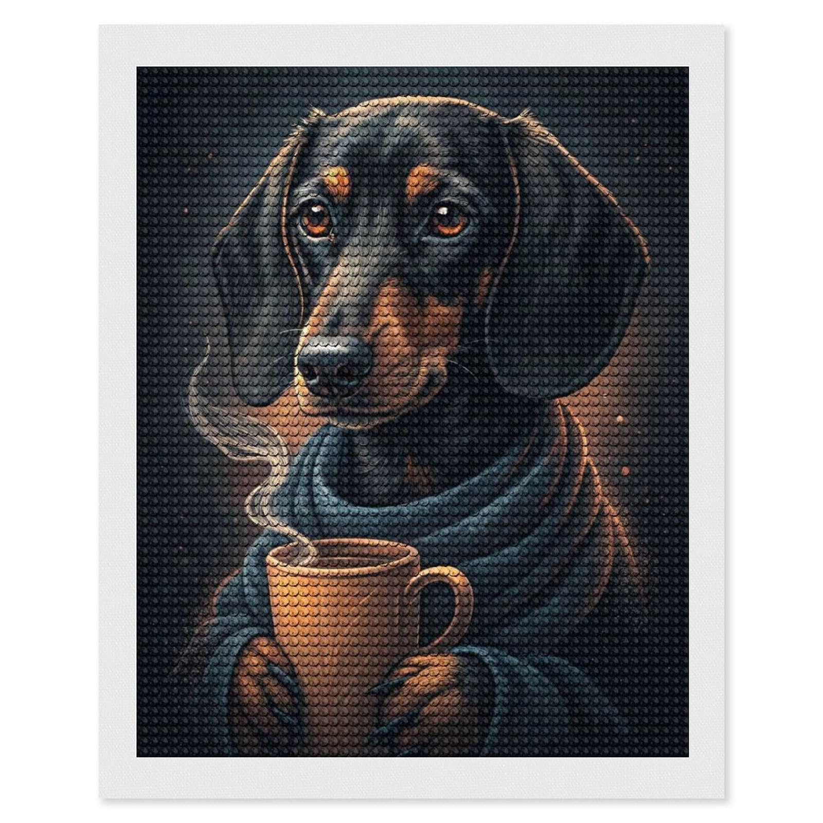 Junmoney Dachshund with Coffee and Scarf DIY Diamond Art Canvas Kit 16"x20", for Adults, Decorate Your Room, Gift Idea, Modern Decor, Finish and Display