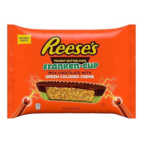 REESE'S Franken-Cup - Mantequilla de maní de chocolate con leche con tazas de crema verde, Halloween, bolsa de 9.35 onzas