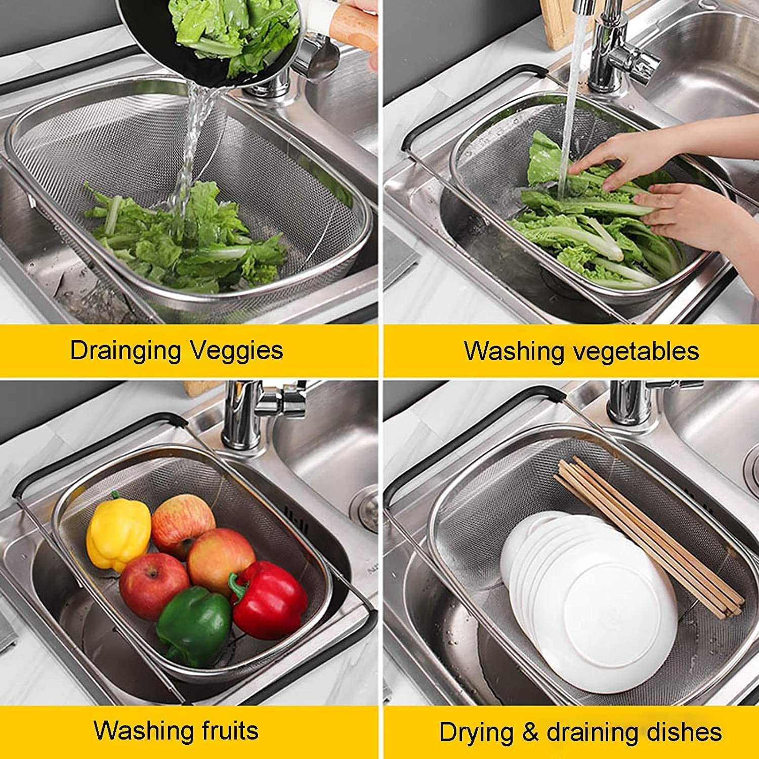 Scolapasta Ovale Espandibile In Acciaio Inox 6L | Colino A Maglia Fine Con Manici In Gomma, Si Adatta Al Lavello (36-56 Cm) - 3