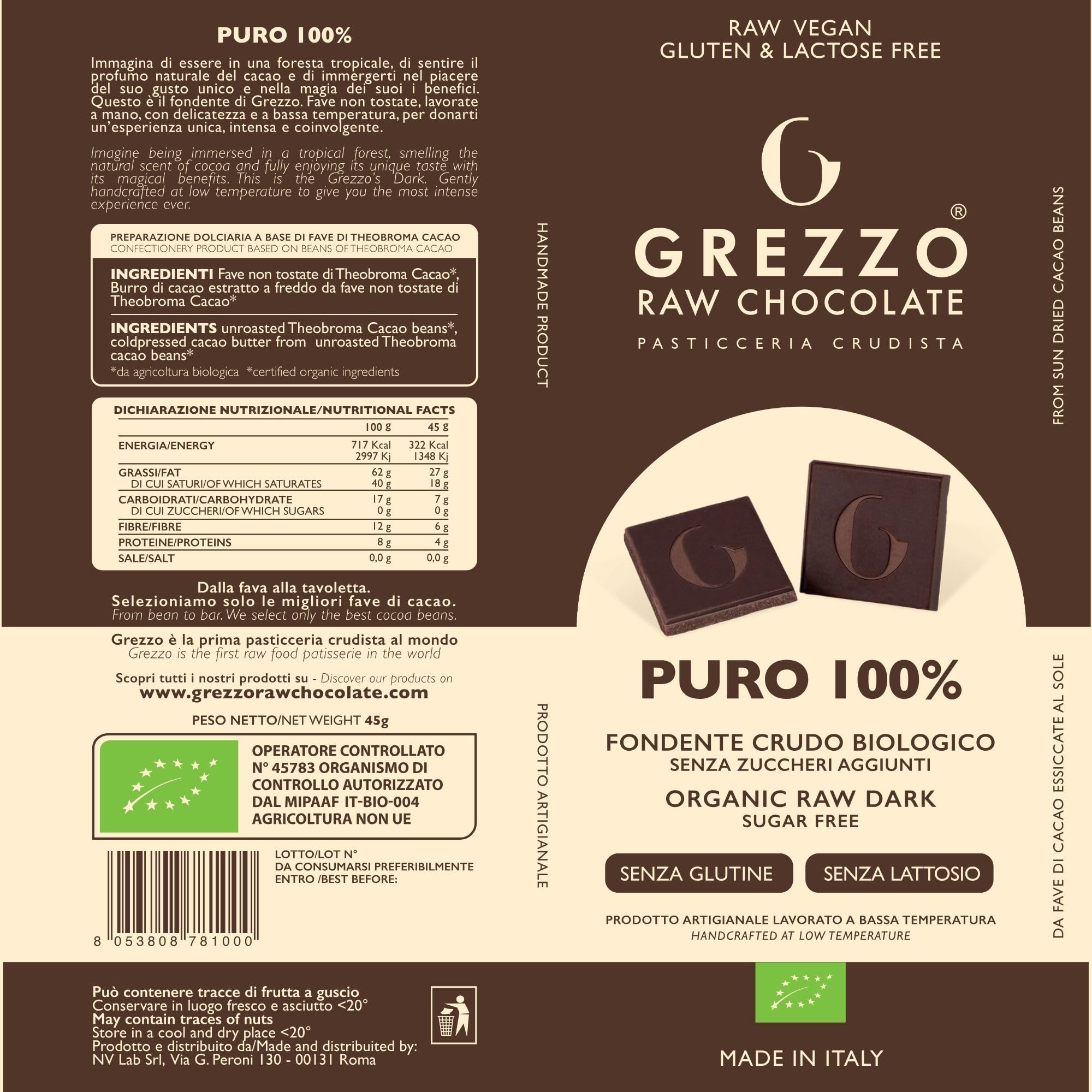 Cioccolato Fondente senza zucchero 100% PURO 4x45g – Cioccolato Senza Lattosio da Fave di Cacao Non Tostate – Cacao Crudo dal Perù – Lavorato a Pietra - Senza dolcificanti