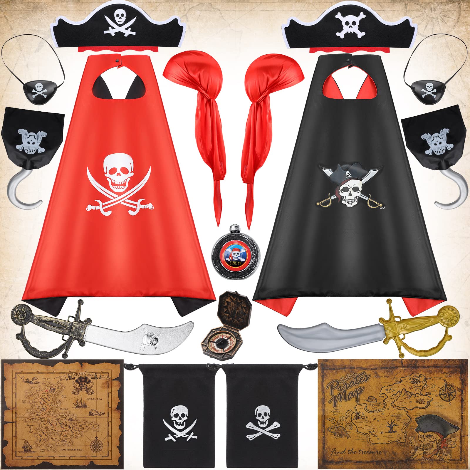 HyDren 2 Set Halloween Pirate Cape Costume, Pirate Cosplay Role Play Set Decoration Halloween Party Gift for Kids Boy
