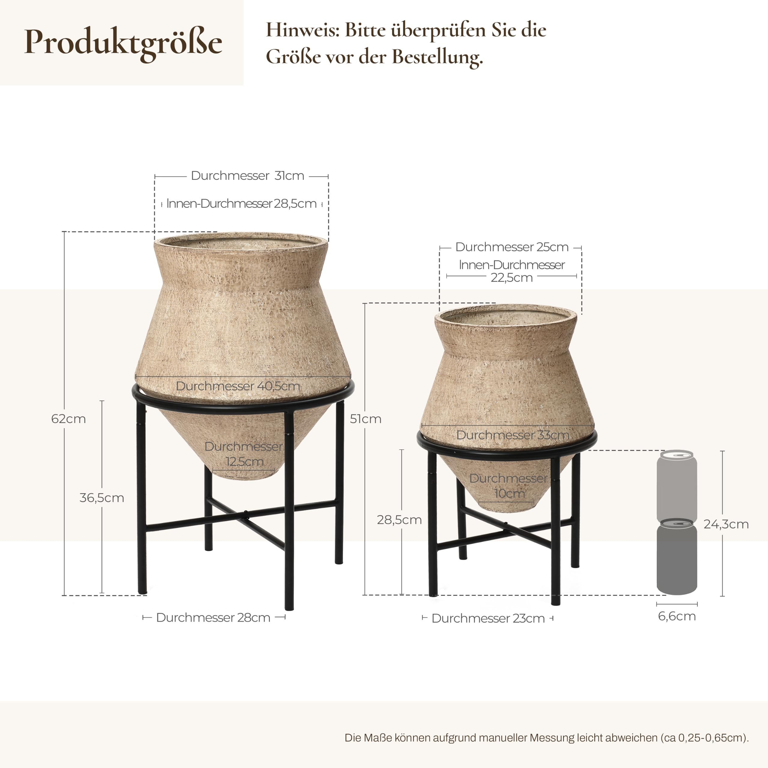 Hometopia 2er Blumentopf Set Frostsicher Formstabil Ø31 & 25 cm ohne Ablaufloch (Hellbraun)