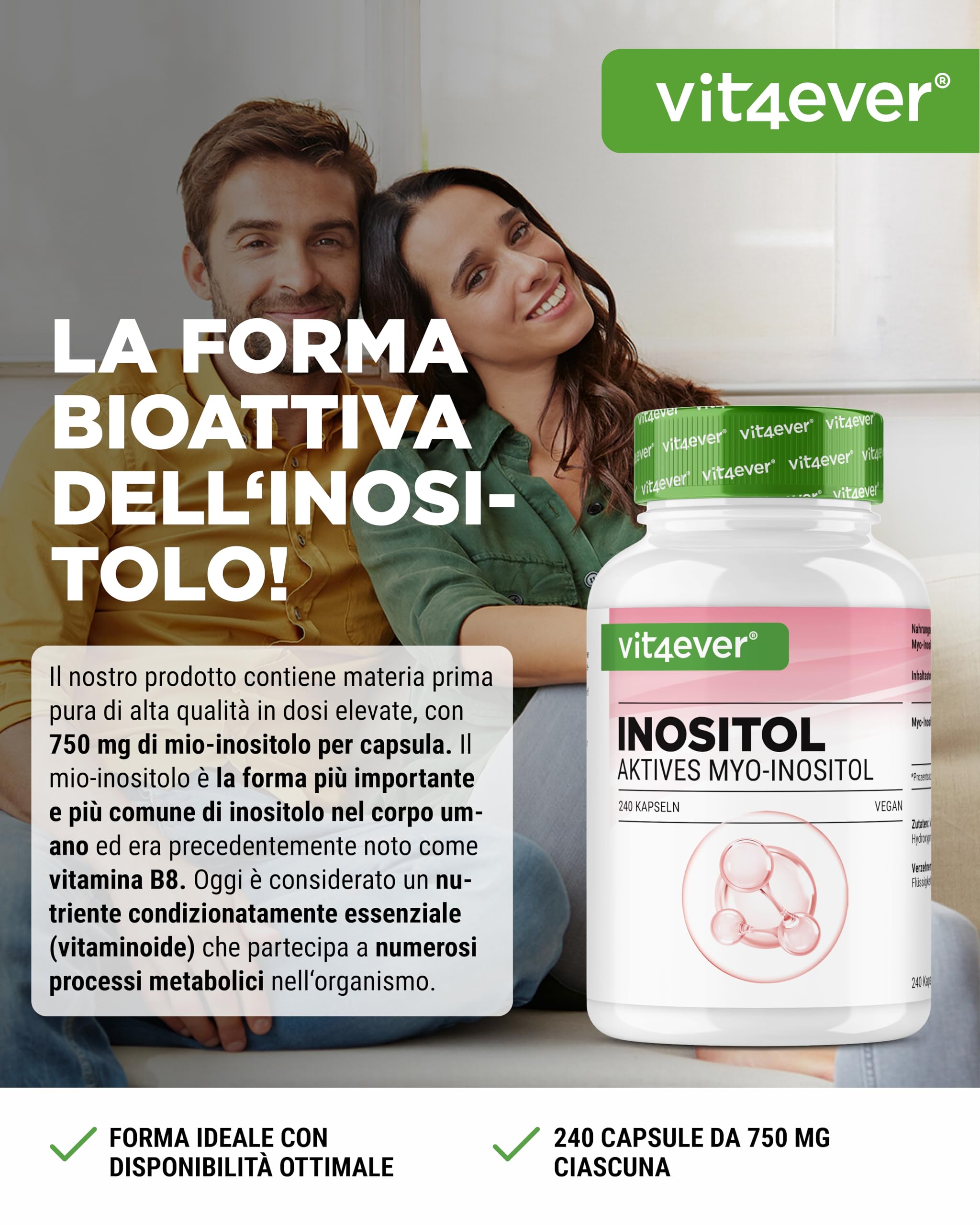 Myo-inositolo 1500 mg al giorno – 240 capsule vegane ad alto dosaggio – Inositolo puro come componente importante del metabolismo cellulare – Senza additivi non necessari