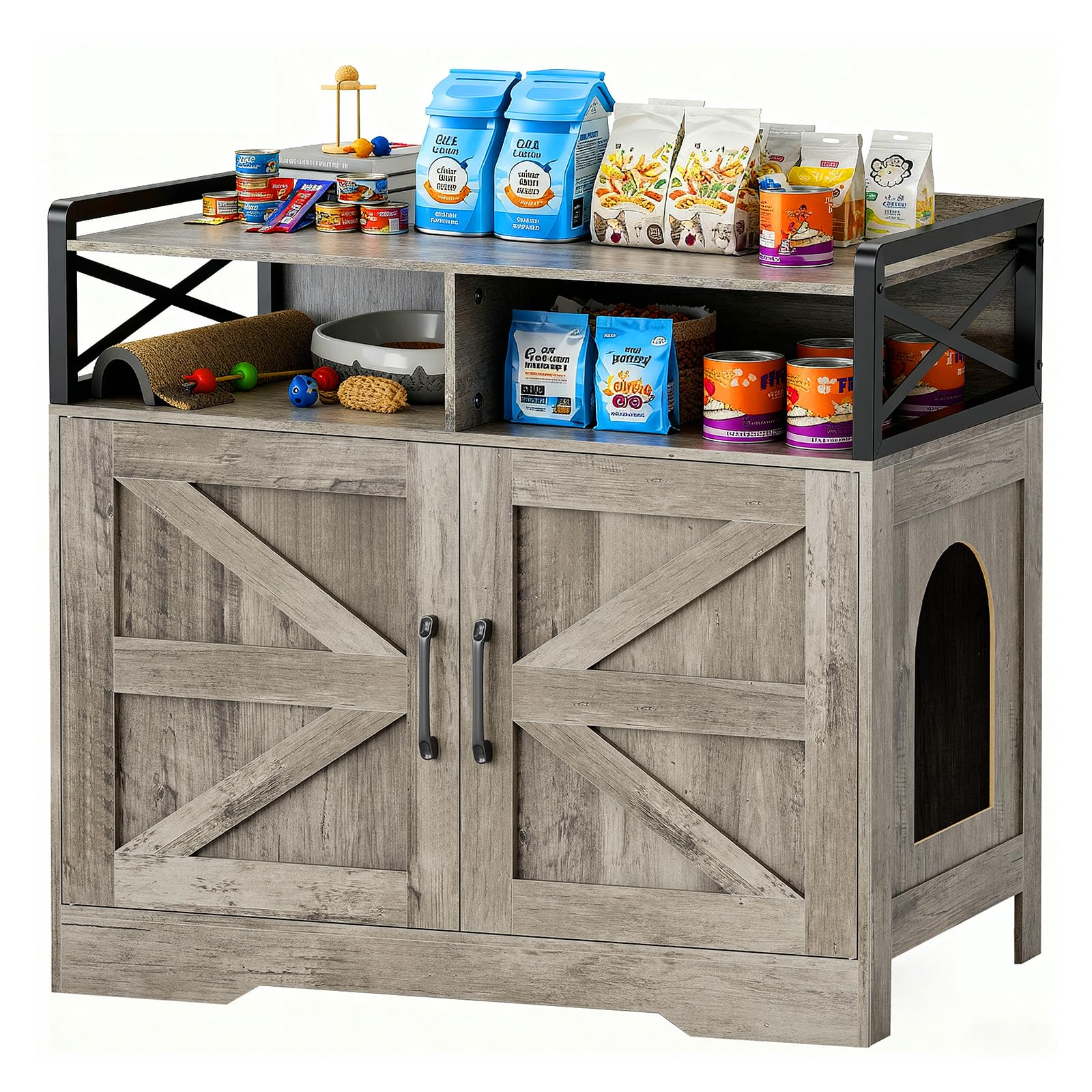 Cat Litter Box Enclosure Furniture - Hidden Litter Box Cabinet with Scratch Pad & Odor Control | Farmhouse Style End Table for Cats | Discreet Cat Washroom for Living Room & Bedroom Grey