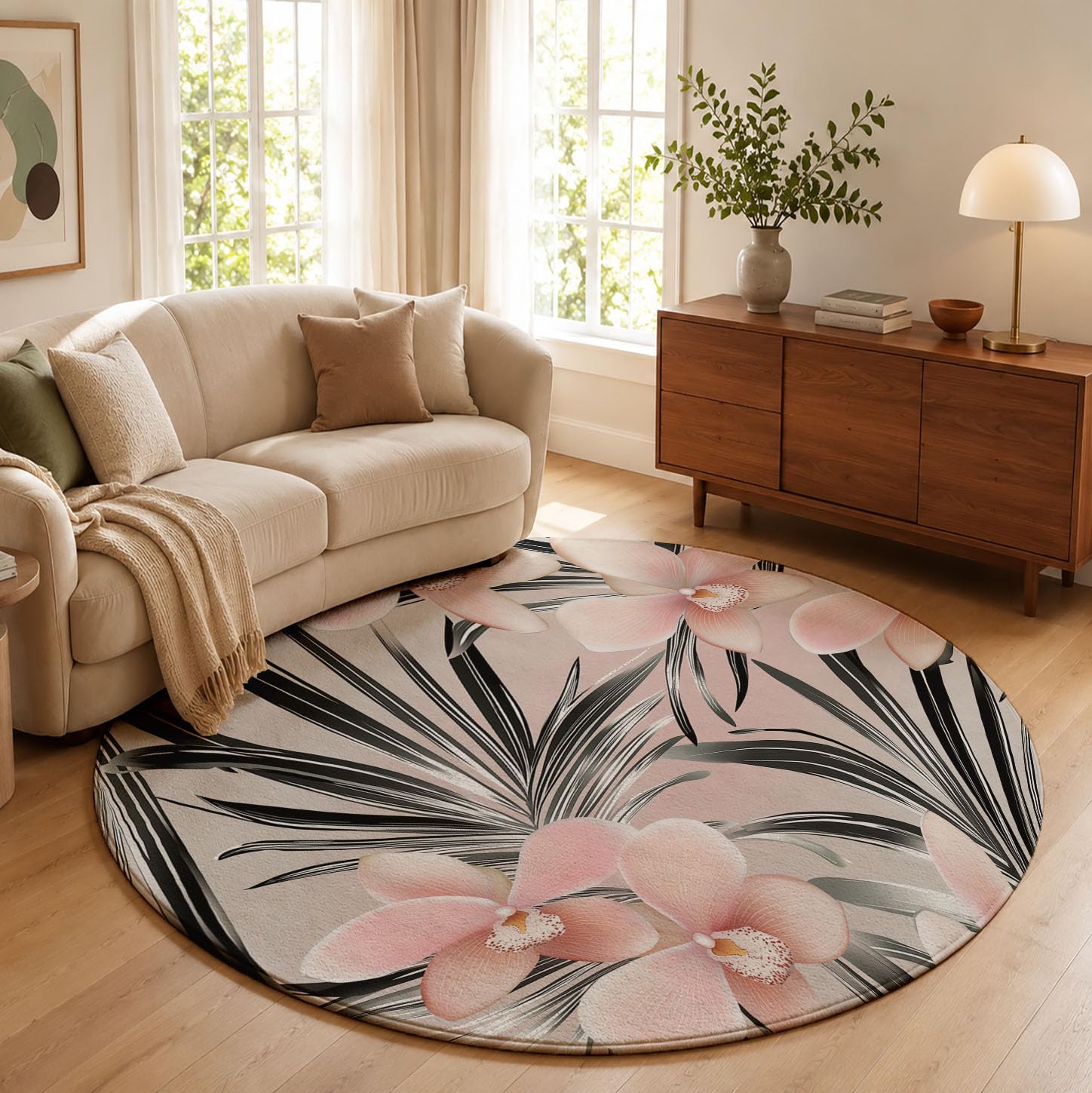 Alfombras Redondas En Rosa Claro 180cm, Alfombra Círculo Orquídea Rosa Palmera Hilo Plateado Franela Suave, Alfombra Plantas Tropicales Antideslizante Pelo Corto, para Dormitorio Comedor Sala de Estar