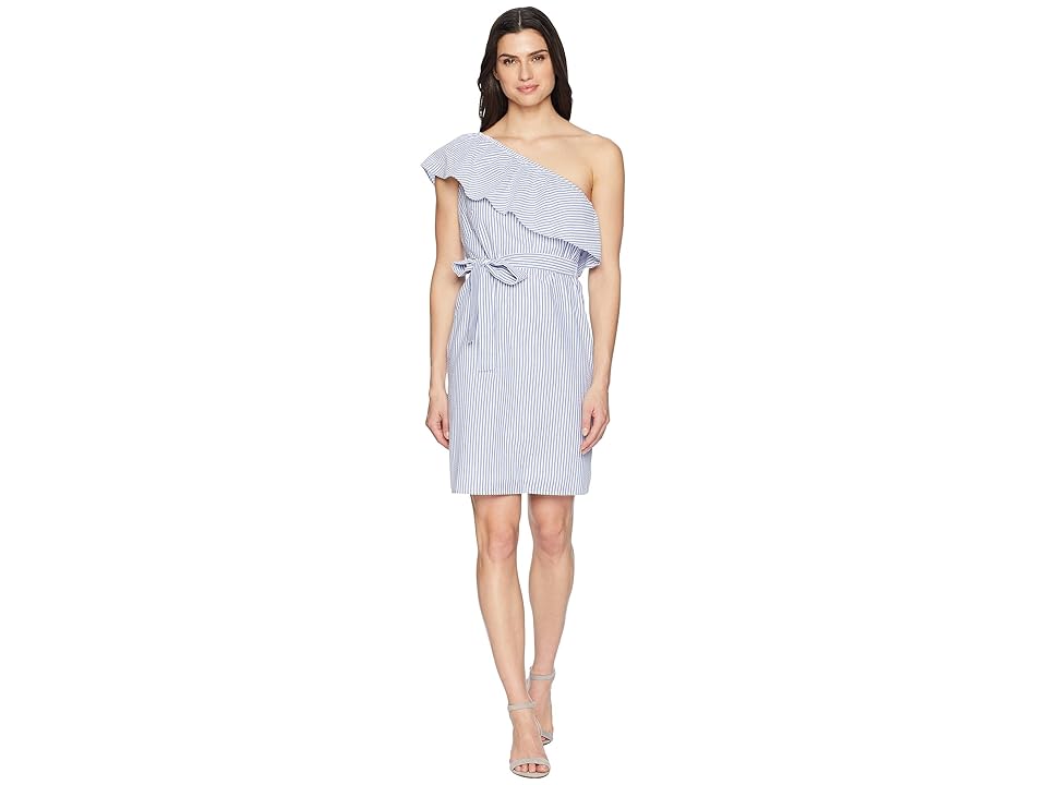 

Nine West One Shoulder Ruffle Dress w/ Sash (Denim/White) Women's Dress