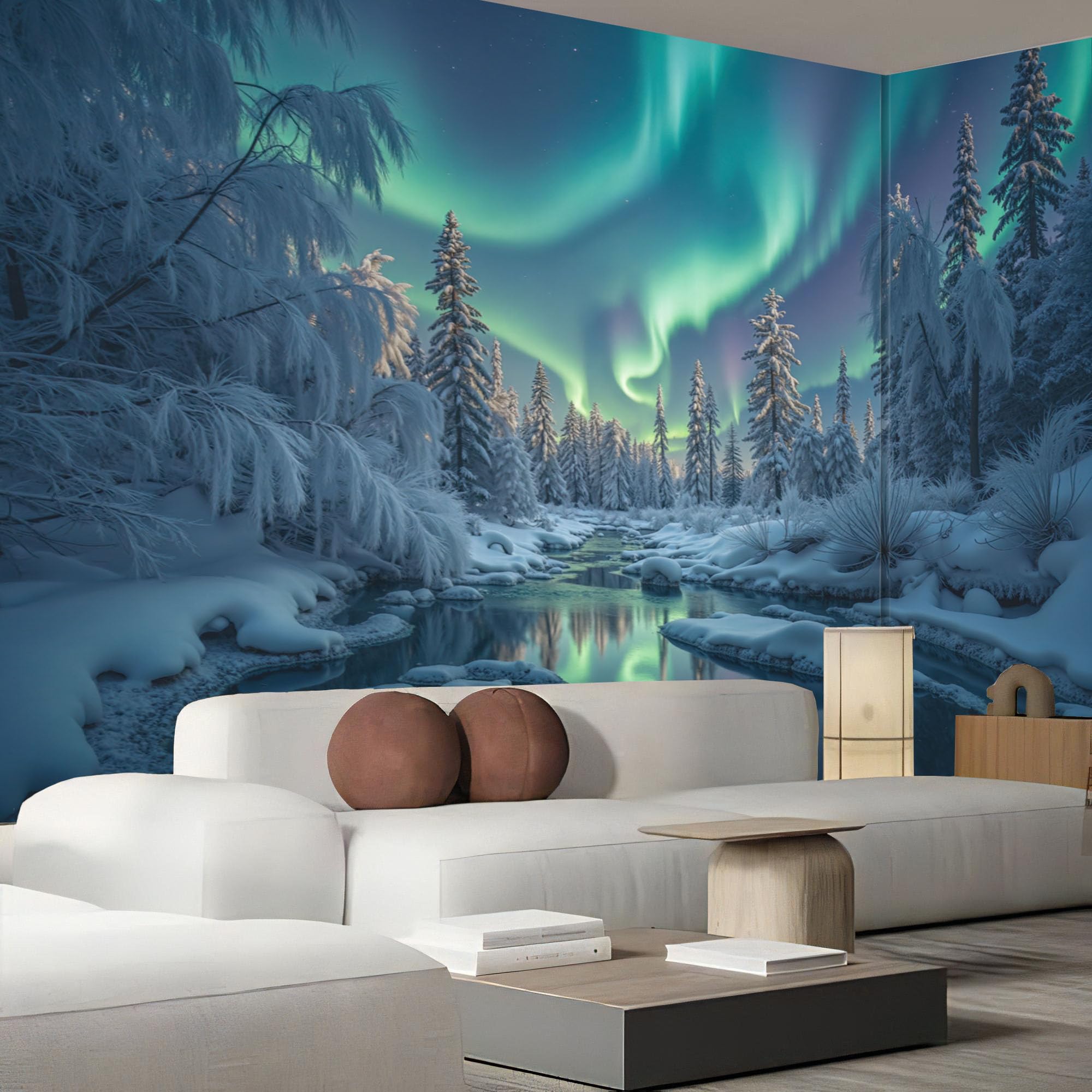 Carta da parati 400x280cm - Murale alla Fiumi Di Ghiaccio E Neve Aurora Boreale Decorazione da Muro Poster Gigante Paesaggio Invernale Tessuto di Seta per Camere Soggiorno Ufficio, Verde Fluorescente