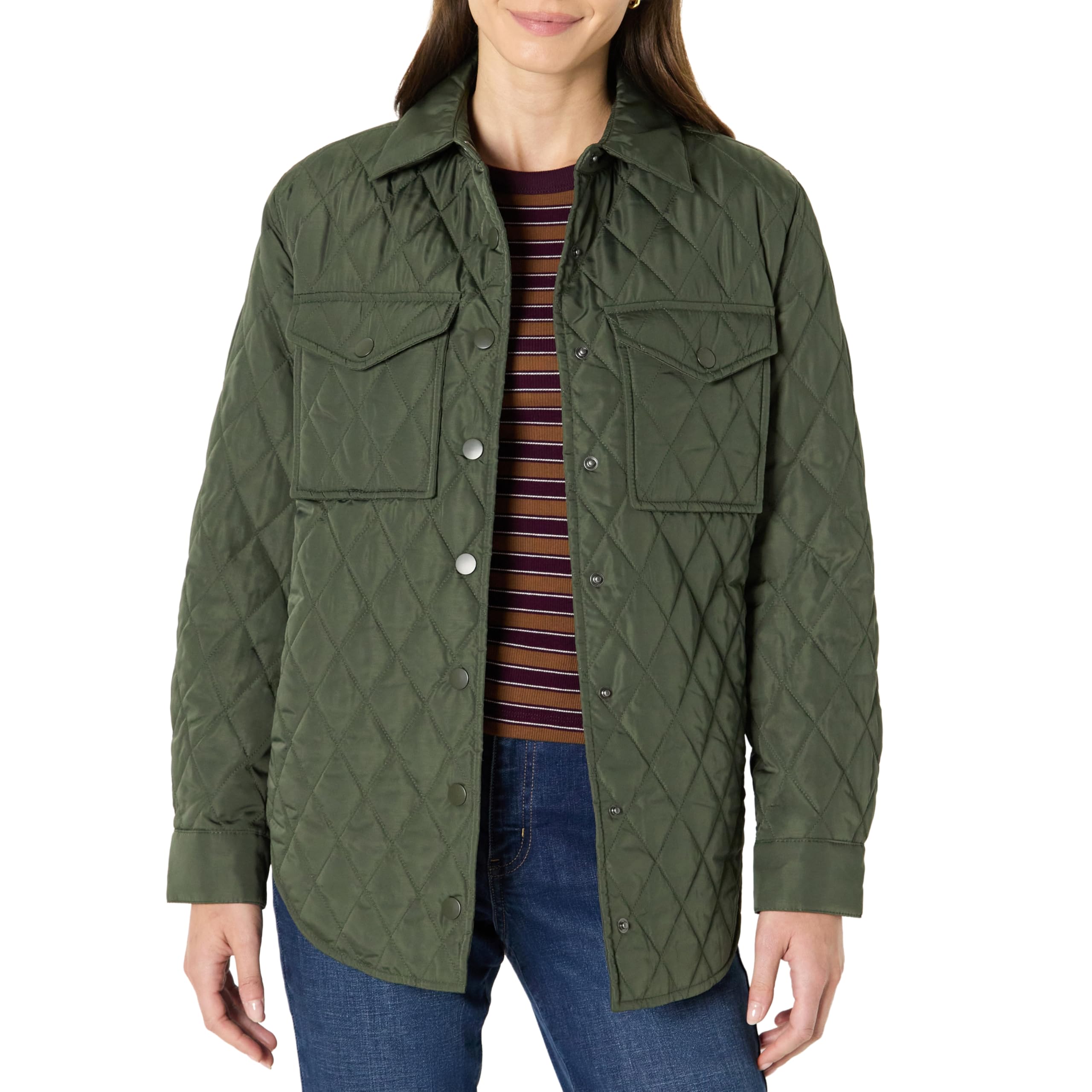 Amazon Essentials Damen Lange Relaxed-Fit-Steppjacke mit Druckknöpfen