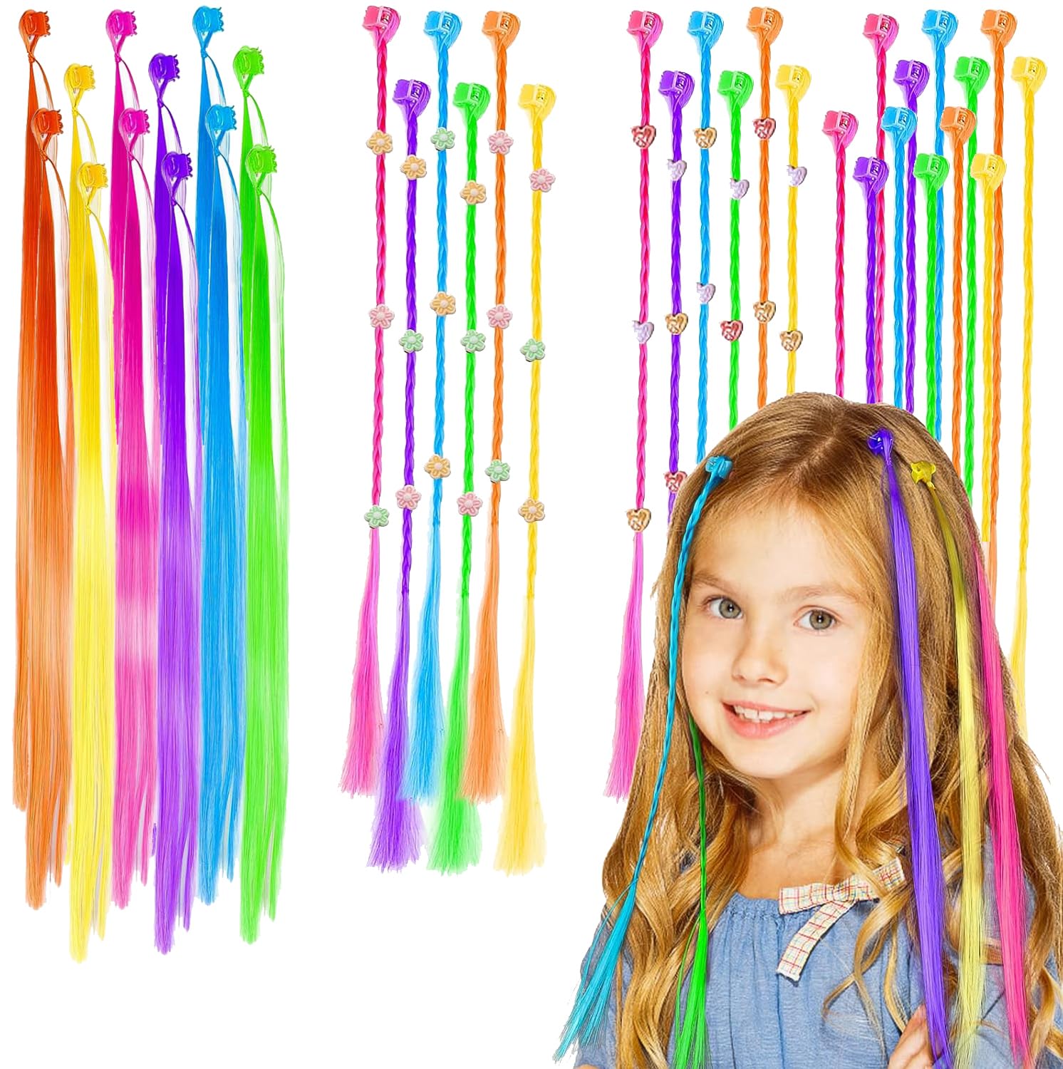 36PCS Hair Extensions for Girls, 4 Styles Hair Braids Clip Accessories for Kids Princess Rainbow Hairs Children Highlights Braiding Kit Colorful Braid Bundles for Crazy Day Festival Parties