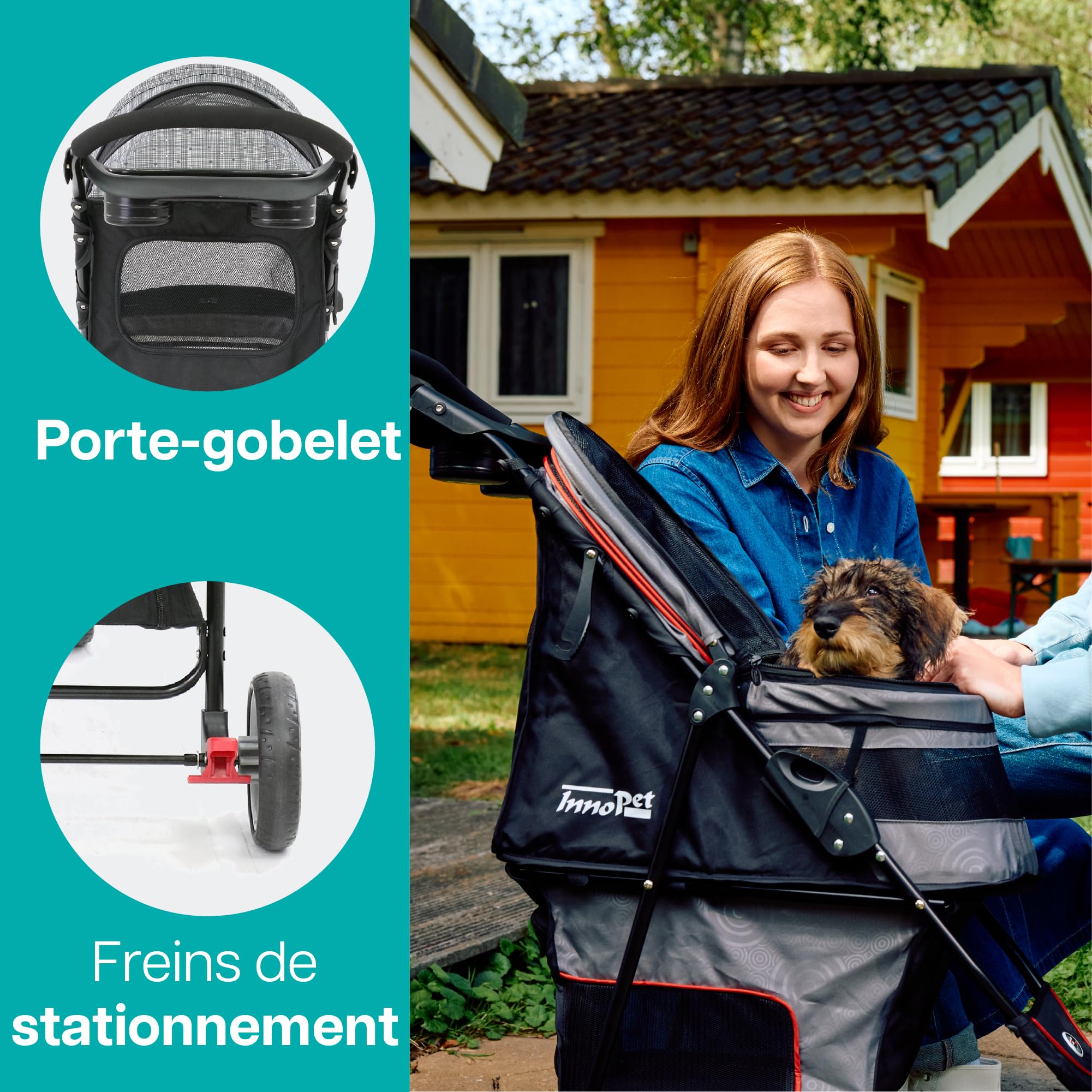 Poussette Innopet Avenue Gris pour chiens et chats - Housse de pluie incluse - Poussette légère pour animaux, poussette pliable à 3 roues avec sangles de sécurité et panier de rangement