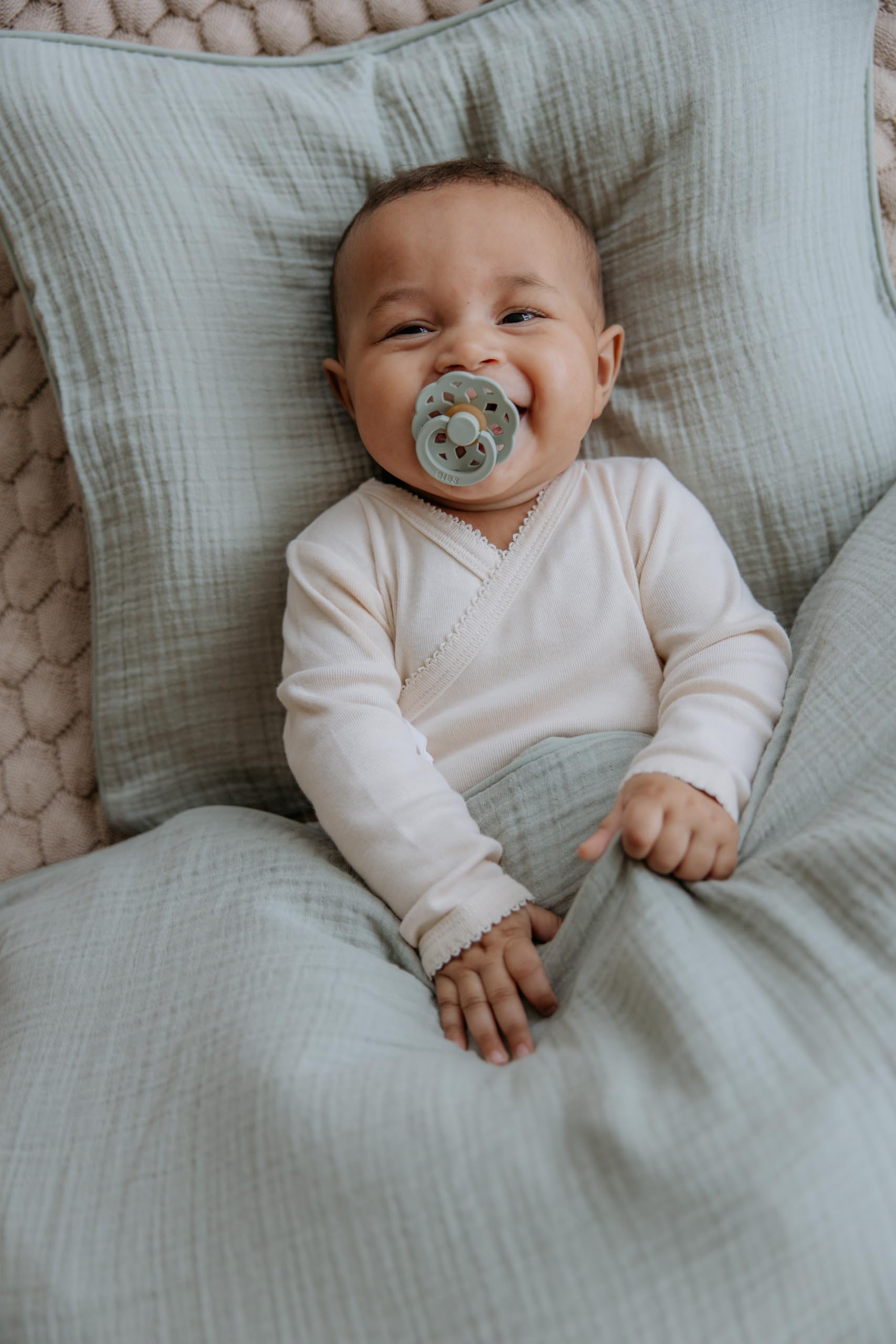 Bibs Boheme Natural Rubber Baby Pacifier - Round & Soft Nipple, Gentle Shield Prevents Skin Irritation & Moisture Buildup, 100% Food Grade, BPA Free Soother, 0-6 Months, Pack of 1, Sage 3