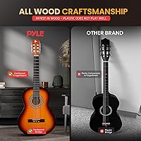 Vista 2 de Kit de guitarra acústica para principiantes Pyle, tamaño junior 3/4, instrumento completamente de madera con kit completo de accesorios, púas