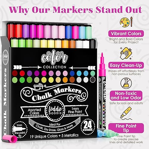 Miniatura 2 de Loddie Doddie Marcadores de tiza líquida, paquete de 24 unidades, sin polvo, punta fina de 0.039 in, tinta borrable para pizarra, ventanas y vidrio,