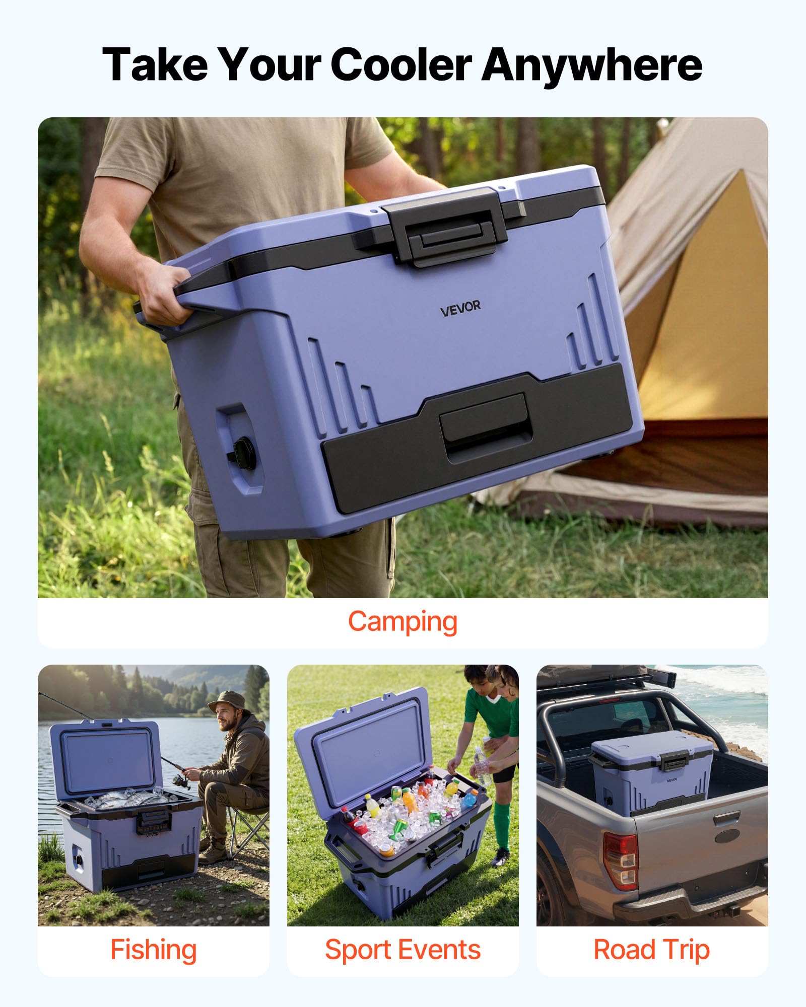 VEVOR 47,32 L Passive Kühlbox Tragbare Isolierbox für Camping Outdoor Sport, Auslaufsicher, Hält 48 Stunden Kühl, Isolierte Kühlbox mit Eisbereich, Stabilem Griff und Getrennten Trocken- und Nasszonen