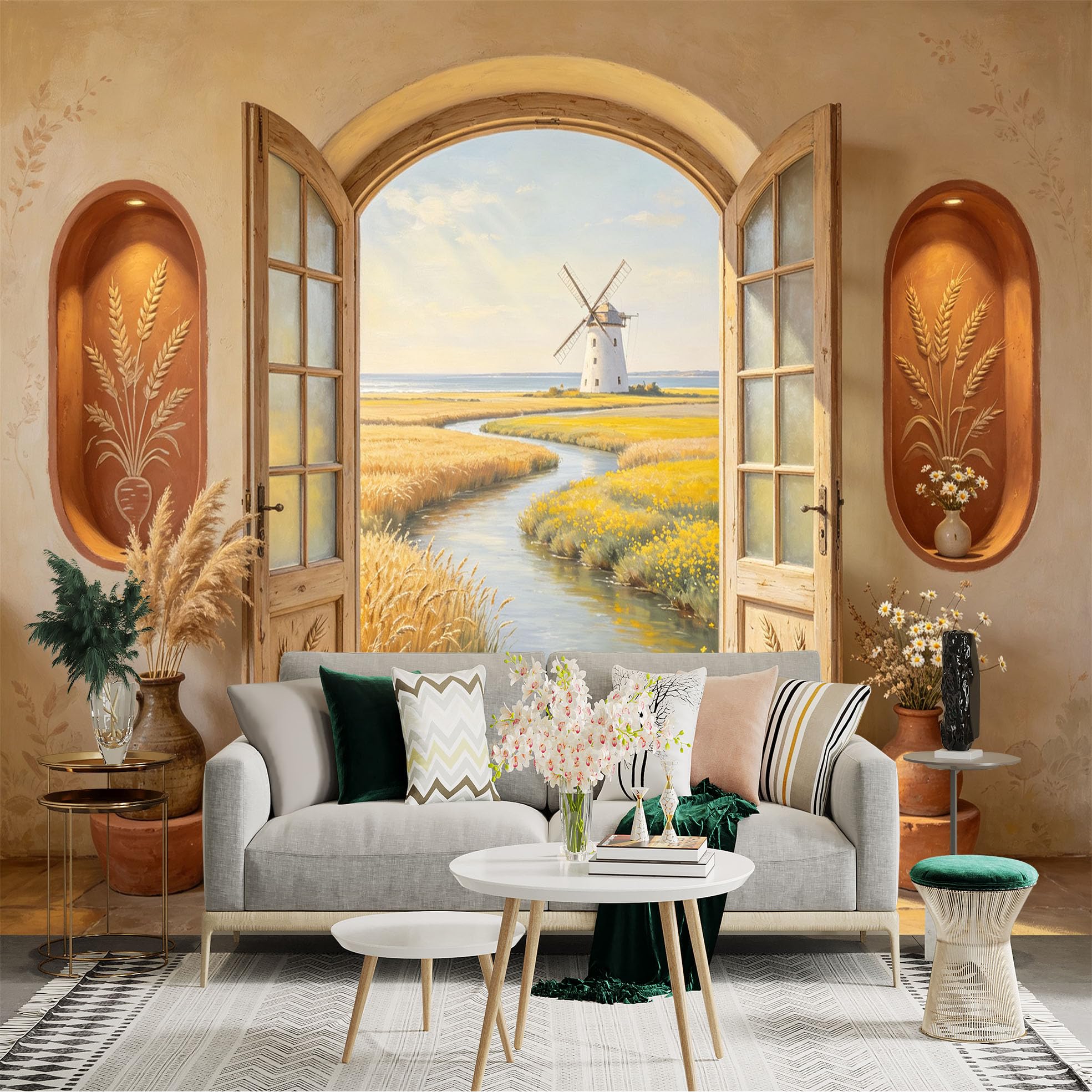 Custom Size Wall Sticker Mural， Rustic Window View with Windmill， River and Wheat Field， for wall Decoration， peelandstick wall Decals.
