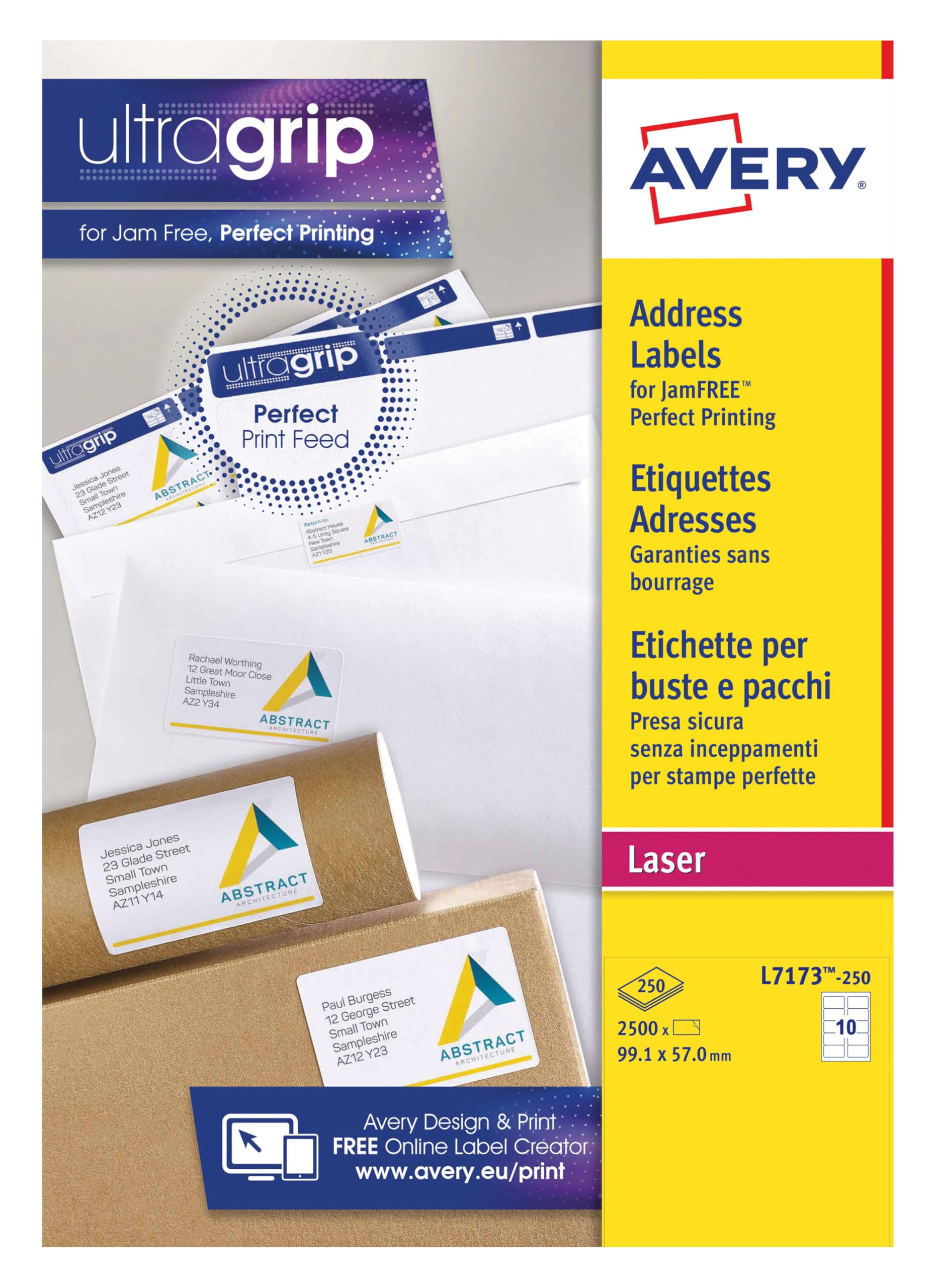 Avery Printable, Customisable Address Mailing Labels, Laser Printers, 10 per A4 Sheet, 2500 Labels, QuickPEEL (L7173), White Blank Printer Sticker Sheet.