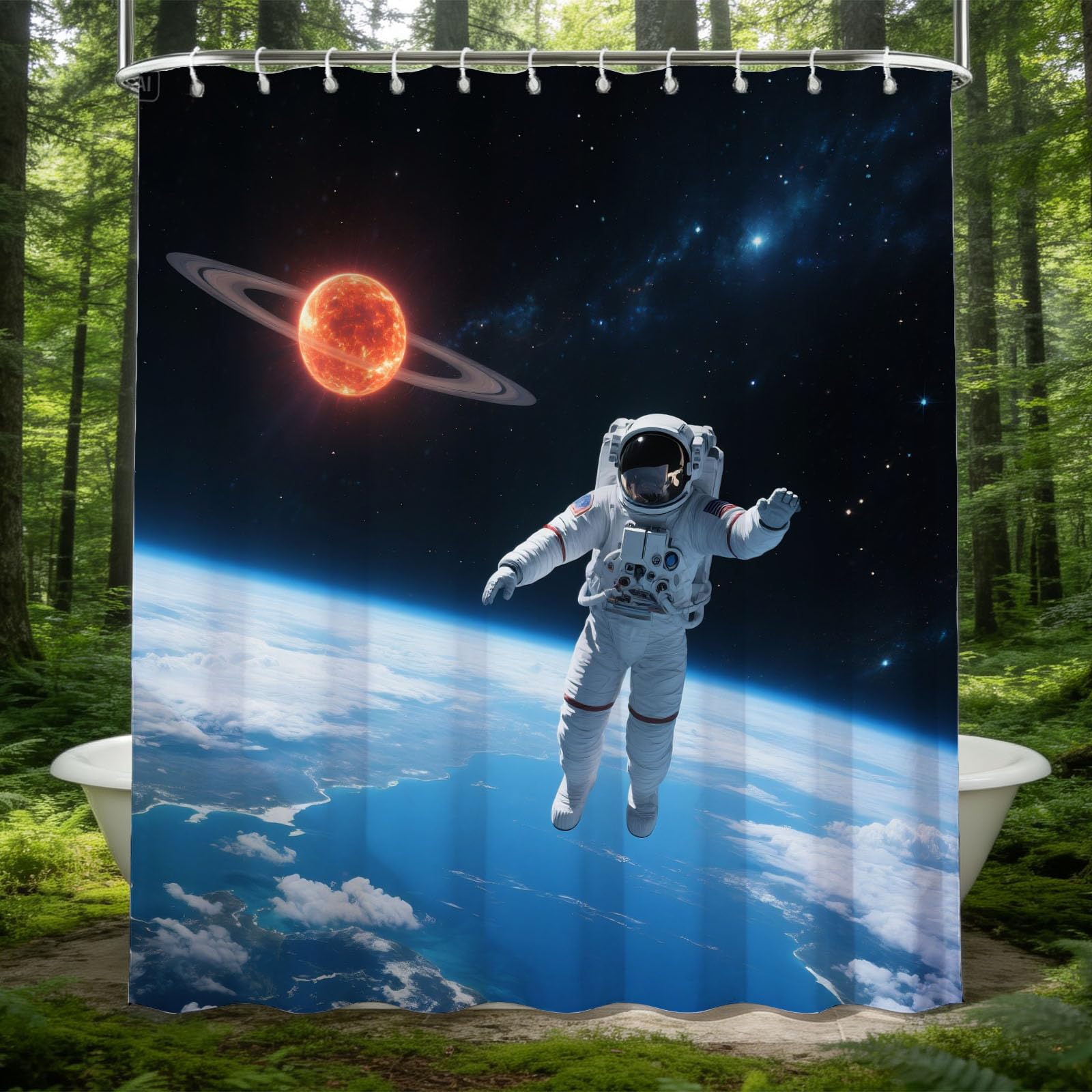 Hongduo 3D Astronaut Shower Curtain for Stalls Bathtubs Starry Sky Bathroom Decor Shower Curtain Set Polyester Fabric Waterproof 200x200cm/79X79 Inch with Hooks
