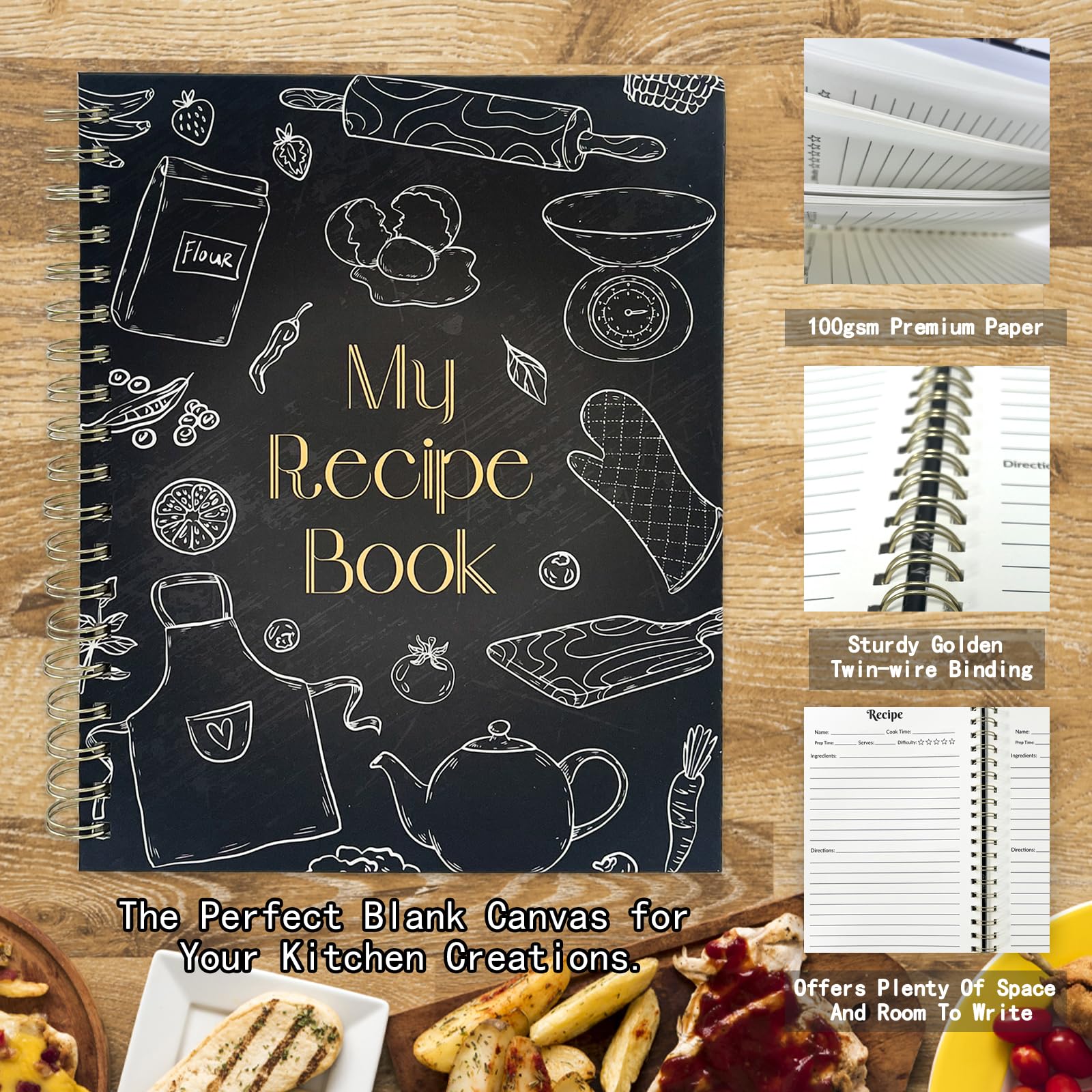 ZHIJIANHZ Blank Recipe Book to Write in Your Own Recipes,Empty Cookbook Journal,80 Pages Hardcover 7.3" x 10" for Family Recipe Keeper, Black Cover
