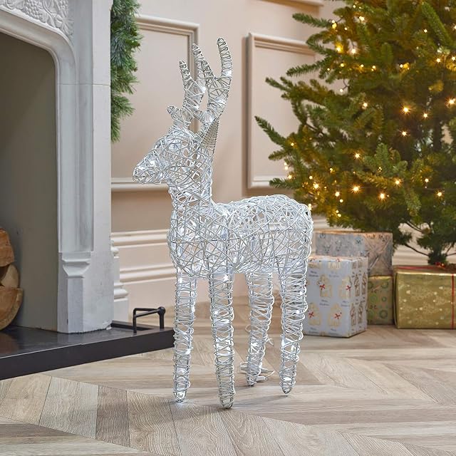 The Winter Workshop - 80cm Rattan Reindeer - Battery or Mains Operated - Outdoor PVC Christmas Figure - 8 Multi-Functional - Timer - 80 Cool White Energy Efficient LED Lights - White