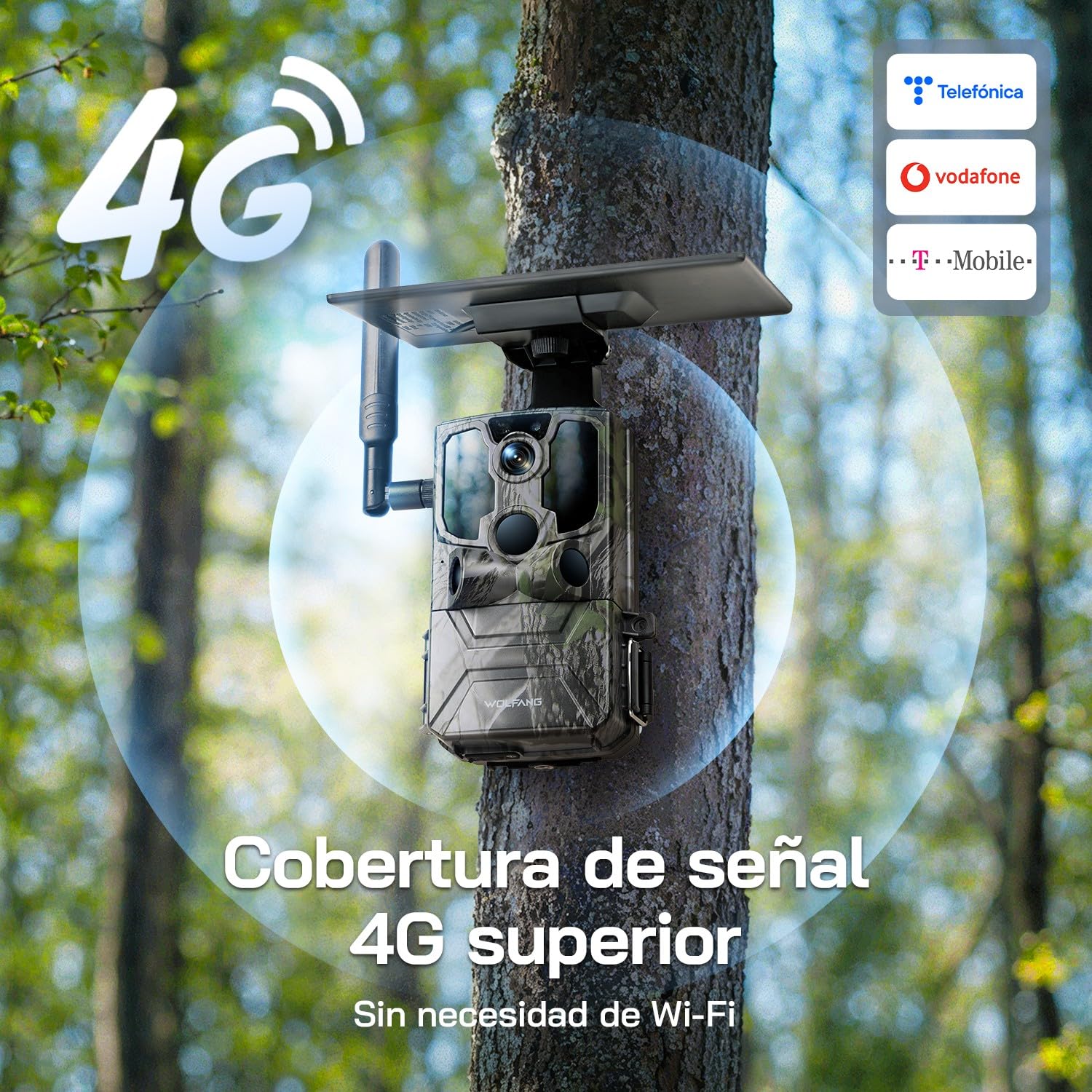 WOLFANG Cámara de Caza Solar, 4G LTE Camara Fototrampeo 2.5K con Detección PIR Nocturna por Infrarrojos Invisible, Alerta, Audio Bidireccional, IP66 para Vida Silvestre y Monitoreo de Seguridad