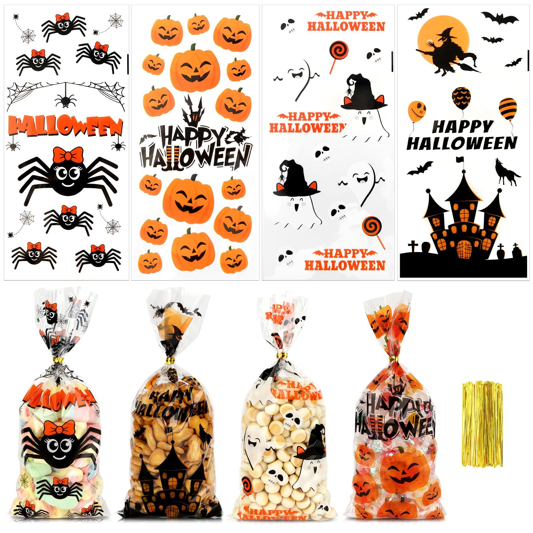 Sacchetti per caramelle di Halloween, 100 sacchetti di cellophane per Halloween, a lunga durata, piccoli sacchetti per caramelle di Halloween, protezione migliorata, per feste di Halloween